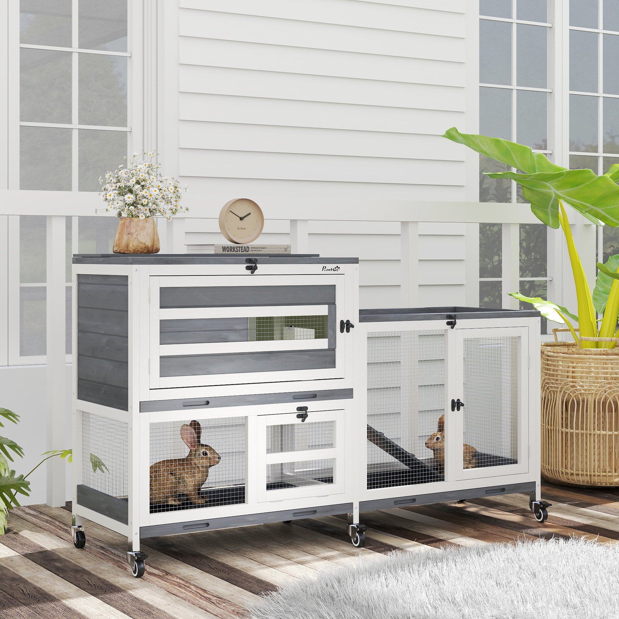 PawHut Wooden Rabbit Hutch with Run, 2-Tier Guinea Pig Hutch with Run, Wheels, 3 Plastic Trays, 2 Openable Top, for 2-3 Rabbits - North Peak Garden Furniture
