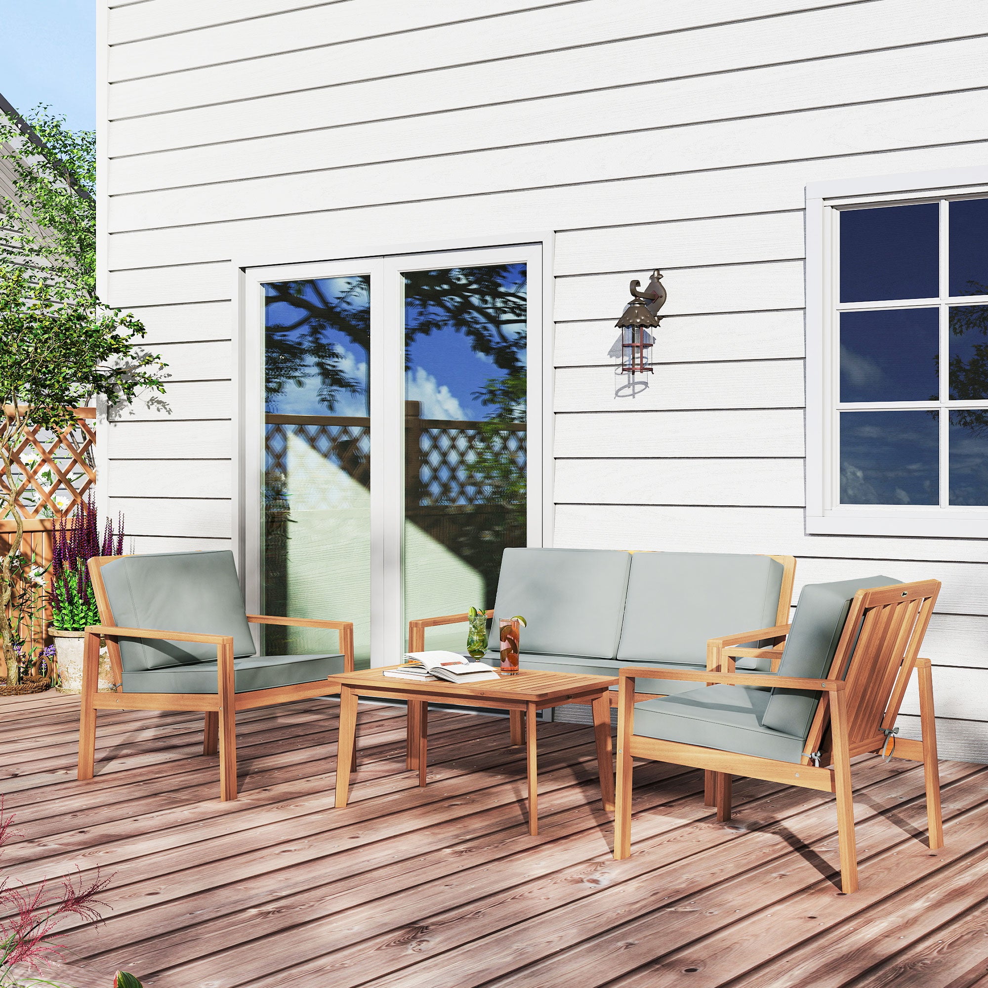 Outsunny 4-Piece Wooden Garden Furniture Set with Cushions - Teak - North Peak Garden Furniture