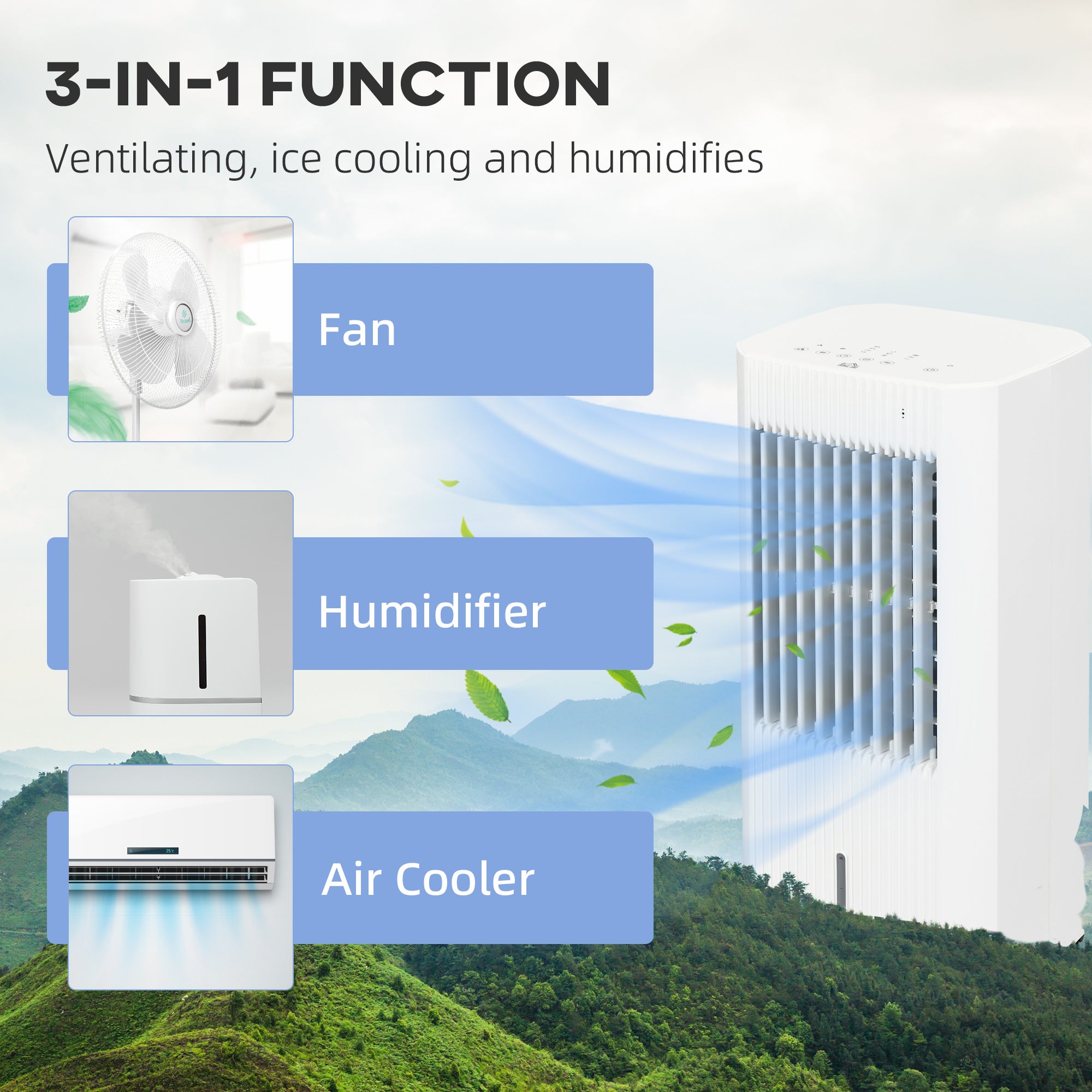 HOMCOM Portable 3-in-1 Air Cooler with 5 Litre Capacity, Oscillation, LED Display, Remote, 15 Hour Timer, Evaporative Air Cooler Fan with 3 Speeds, 3 Modes, Ice Packs, for Home Office - North Peak Garden Furniture
