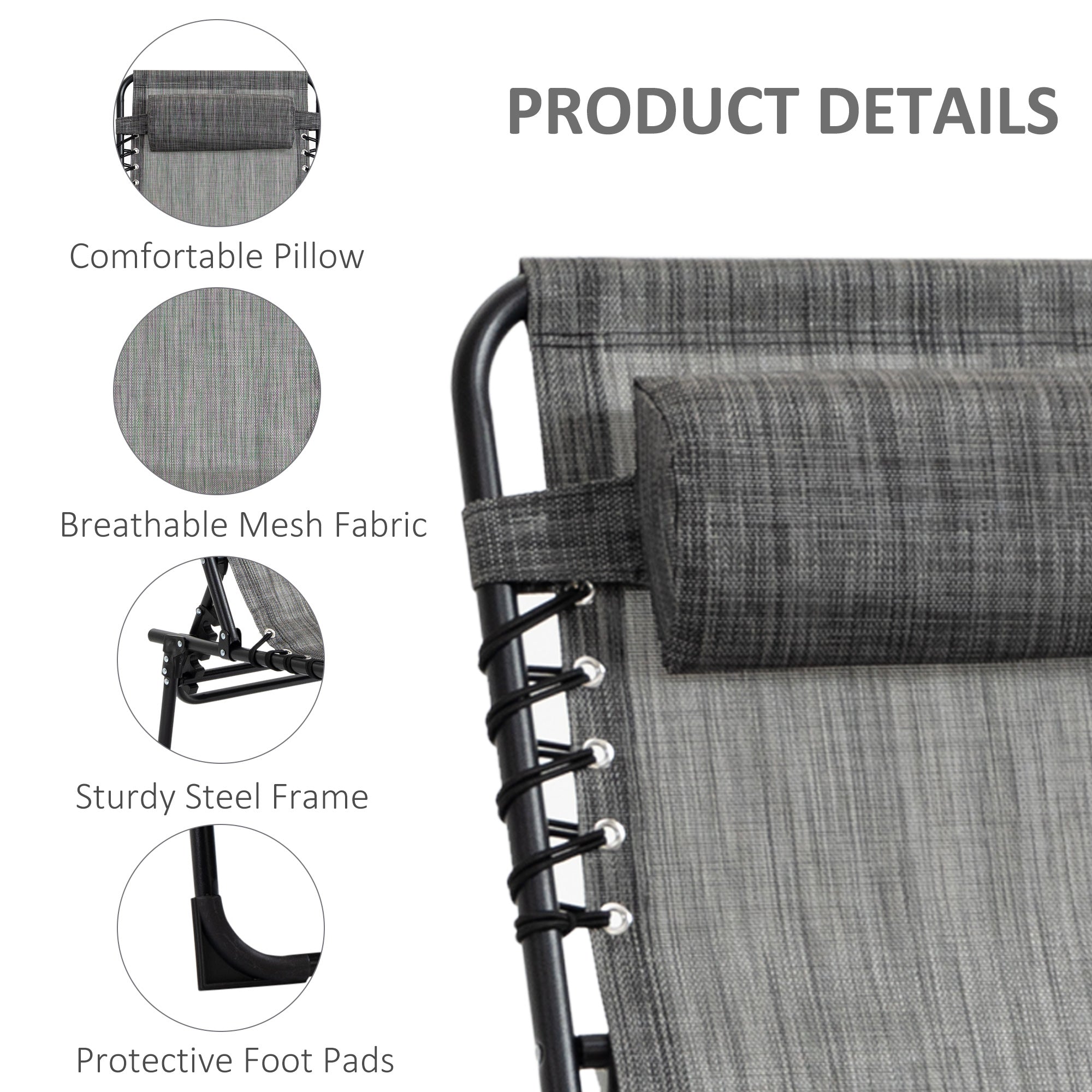 Outsunny Portable Sun Lounger Set of 2, Folding Camping Bed Cot, Reclining Lounge Chair 5-position Adjustable Backrest with Side Pocket, Pillow for Patio Garden Beach Pool, Mixed Grey - North Peak Garden Furniture