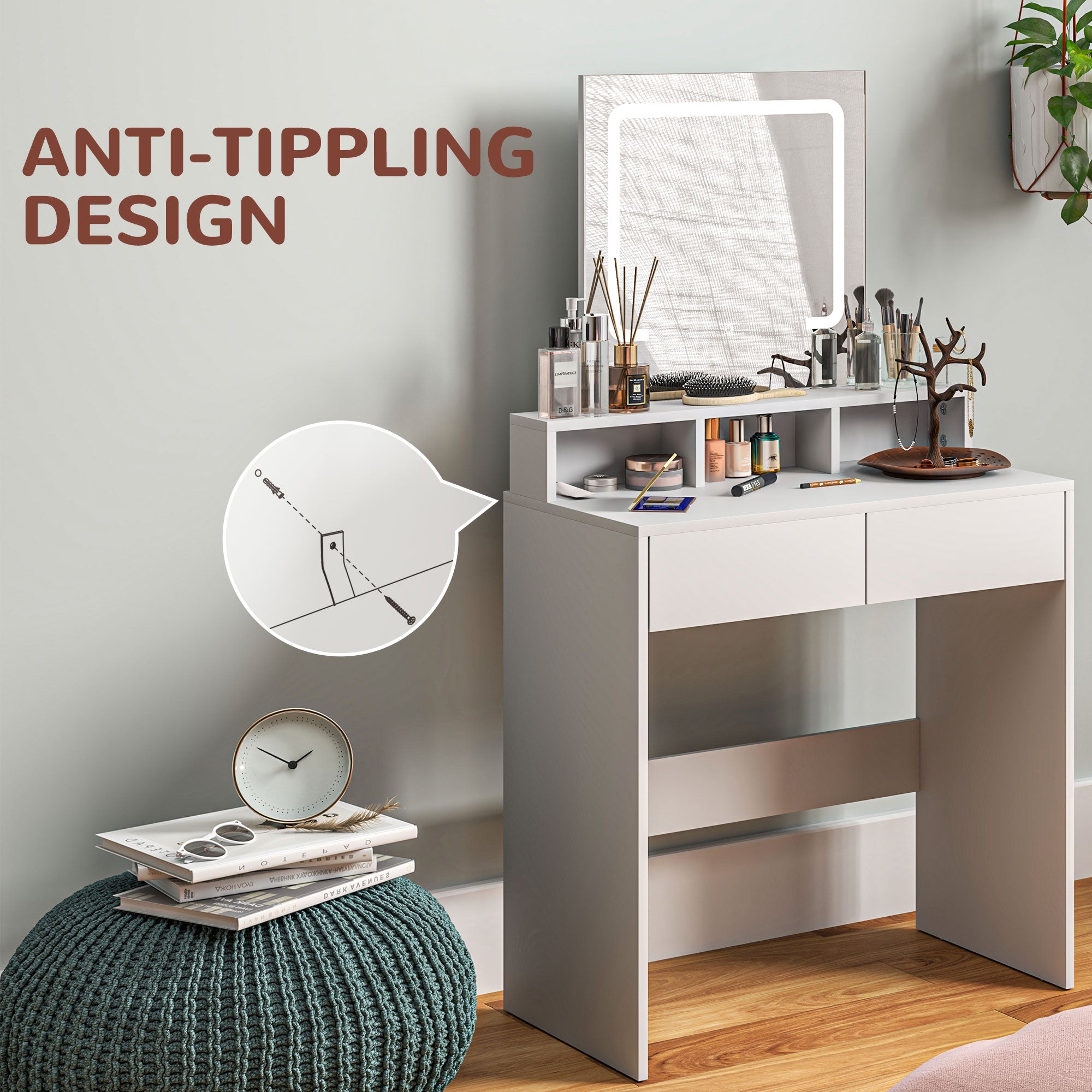 HOMCOM Dressing Table with Mirror and LED Lights, Vanity Table with 2 Drawers, 3 Compartments, 3 Colour Lighting, for Bedroom, Modern Dresser Makeup Desk for Women and Girls, White - North Peak Garden Furniture