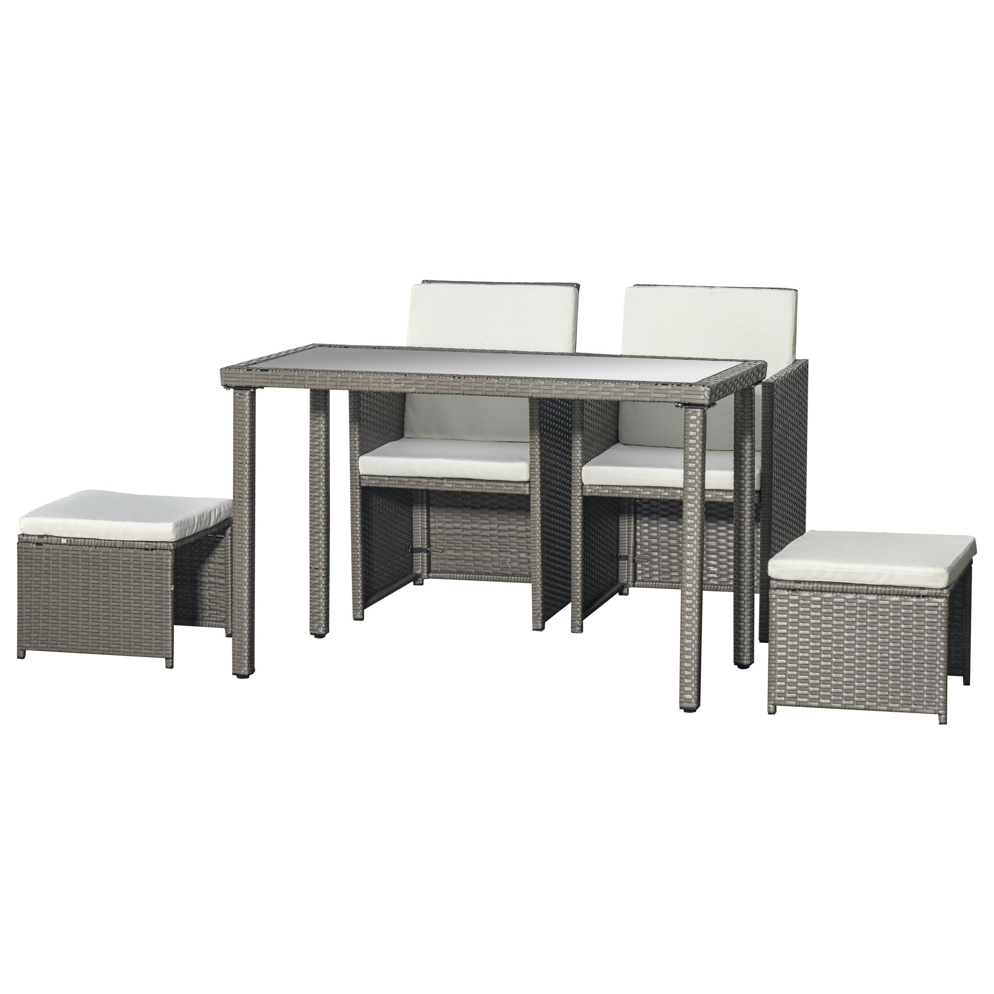 Outsunny 2 Seater Rattan Cube Garden Furniture Set, Rattan Dining Set with Cushions, Outdoor Dining Table and Chairs with 2 Armchairs, 2 Stools, Rectangular Glass Top Table for Patio, Balcony, Grey - North Peak Garden Furniture