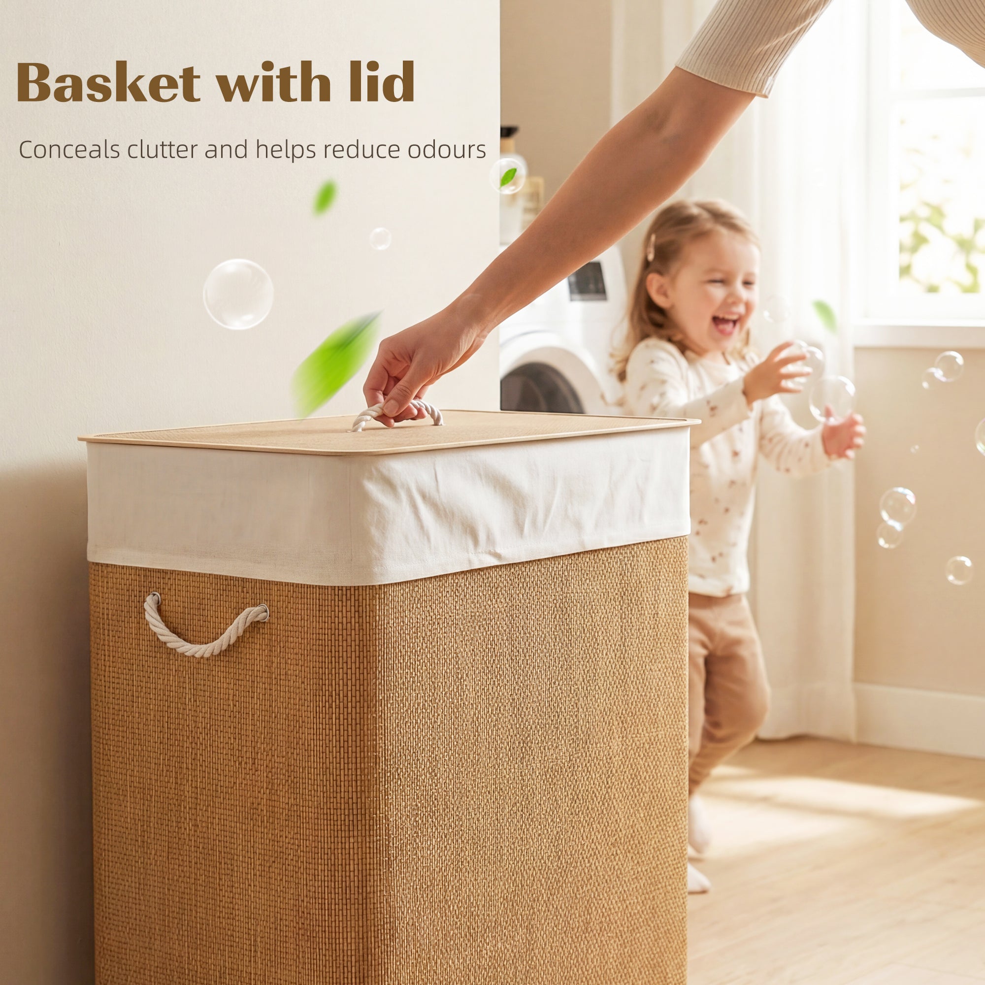 HOMCOM Double Laundry Basket with Lid, 100L Bamboo Laundry Hamper with Rope Handles, Washing Basket with Removable Liner for Bathroom, Bedroom, Brown