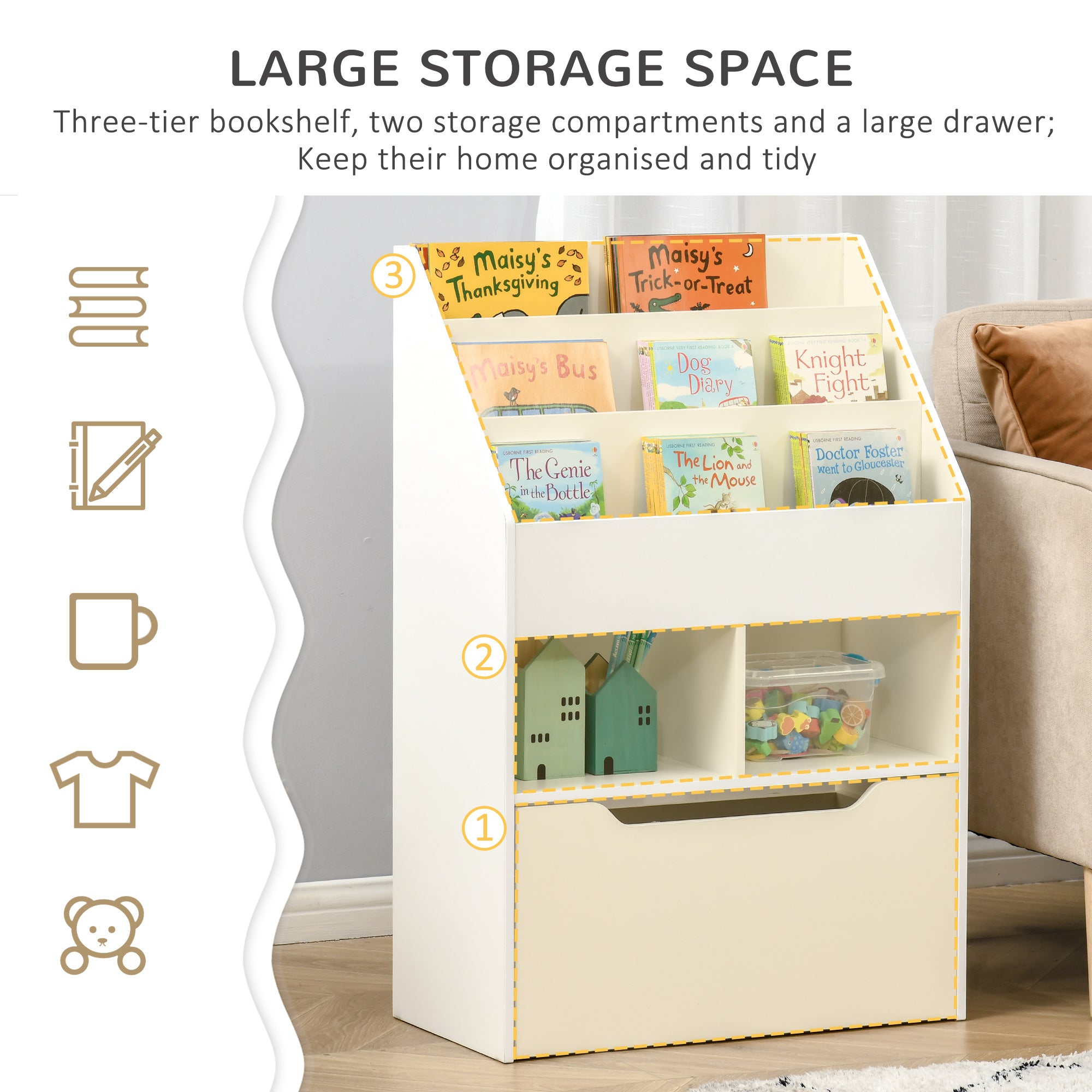 HOMCOM Kids Bookshelf, Toy Organiser, with Storage Drawer, Wheels - White - North Peak Garden Furniture