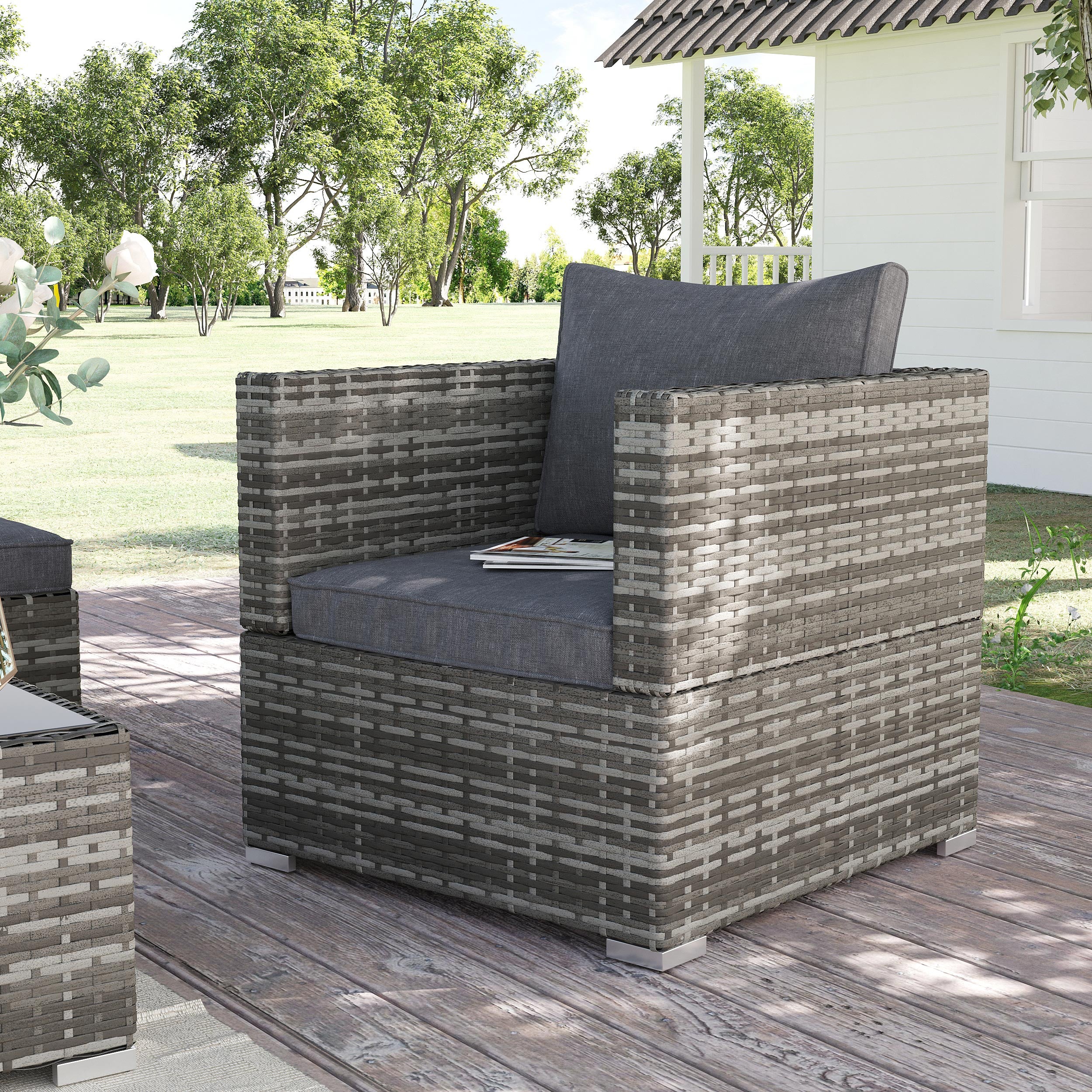 Outsunny Single Seater Rattan Chair Sofa with Padded Cushions, All-Weather PE Wicker Weave Garden Armchair with Armrests, Dark Grey - North Peak Garden Furniture