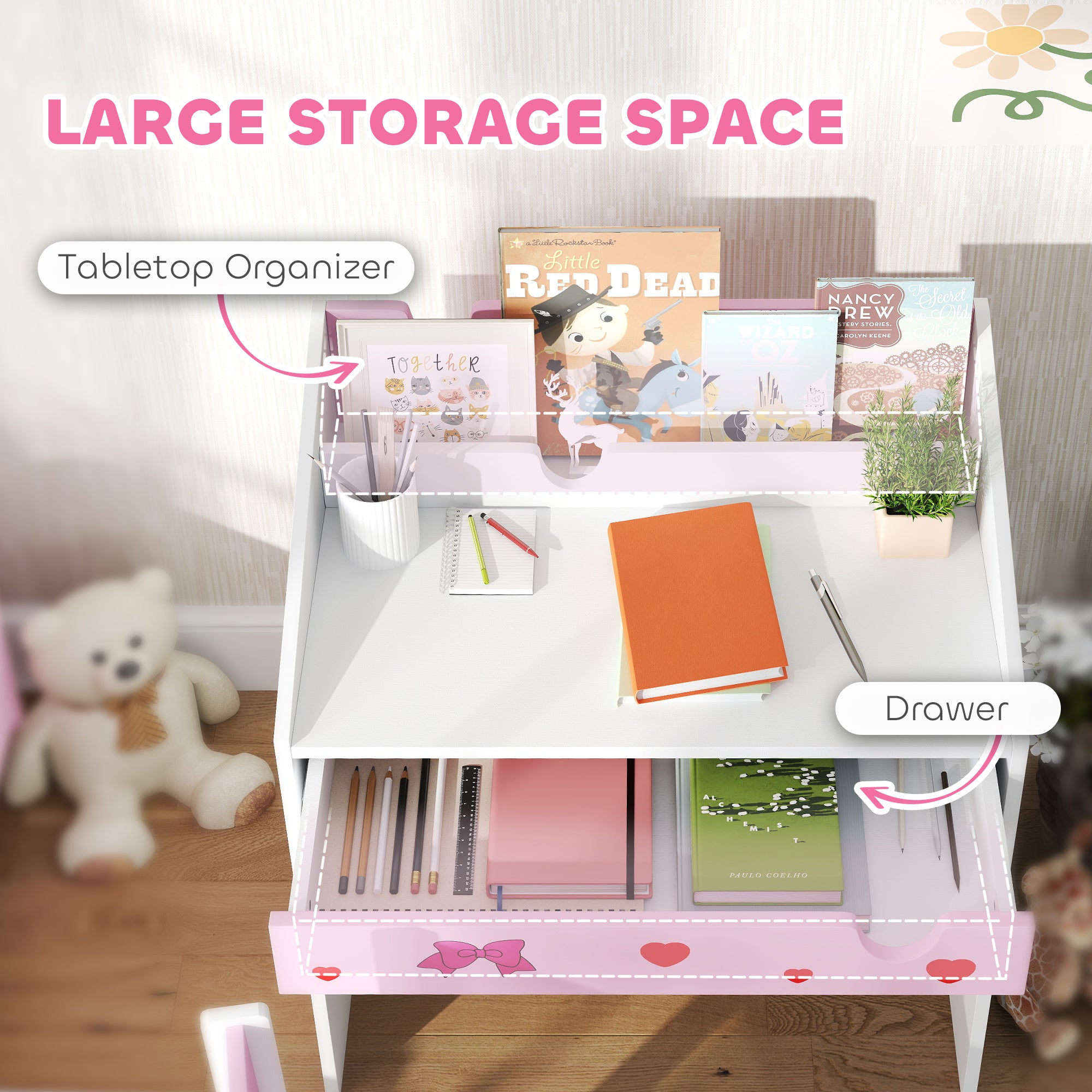 AIYAPLAY Children Study Table and Chair, Kids Desk and Chair Set with Storage, Pull-out Drawer, Gift for 3-6 Years Old - Pink - North Peak Garden Furniture