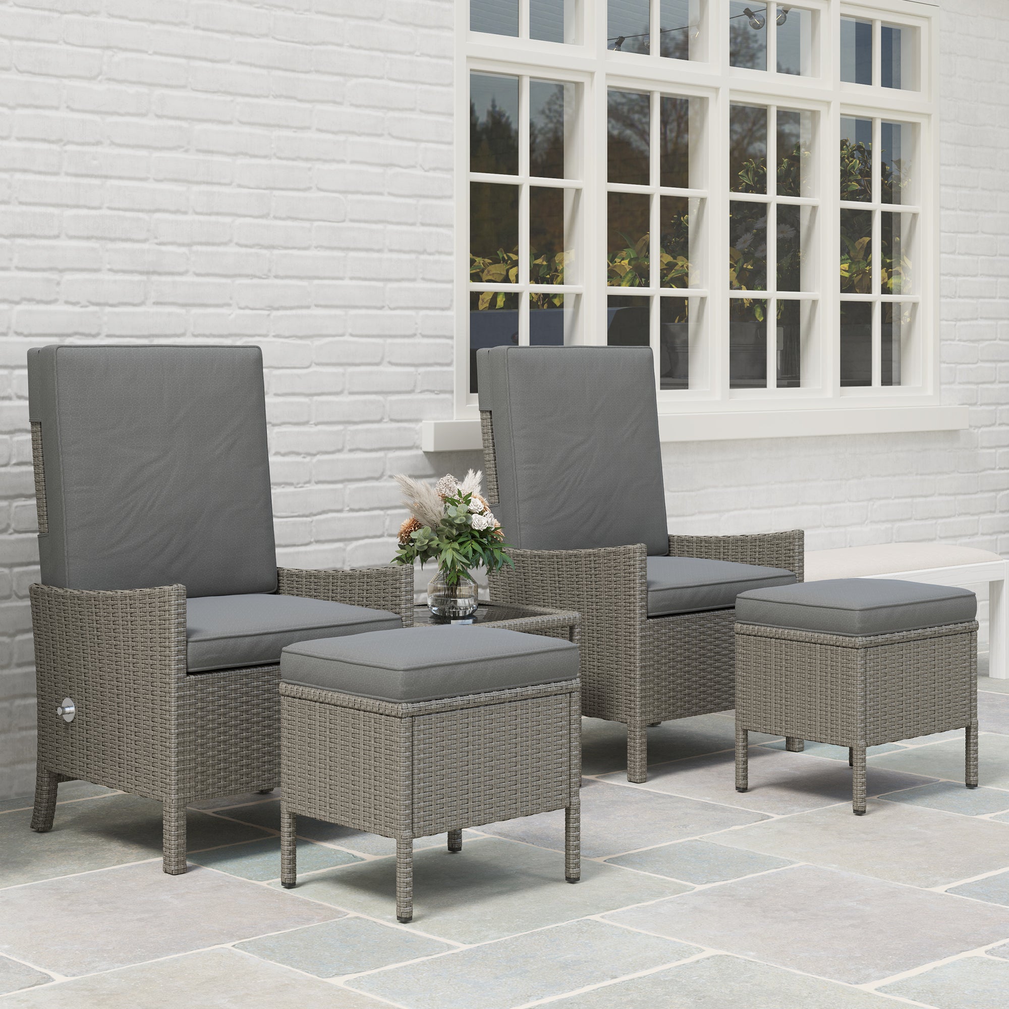 Outsunny 5 Piece Rattan Garden Furniture Set, Wicker Patio Sofa Set with 2 Armchairs, 2 Footstools, Glass Top Coffee Table with Shelf, Outdoor Furniture with Adjustable Backrests, Cushions, Dark Grey - North Peak Garden Furniture