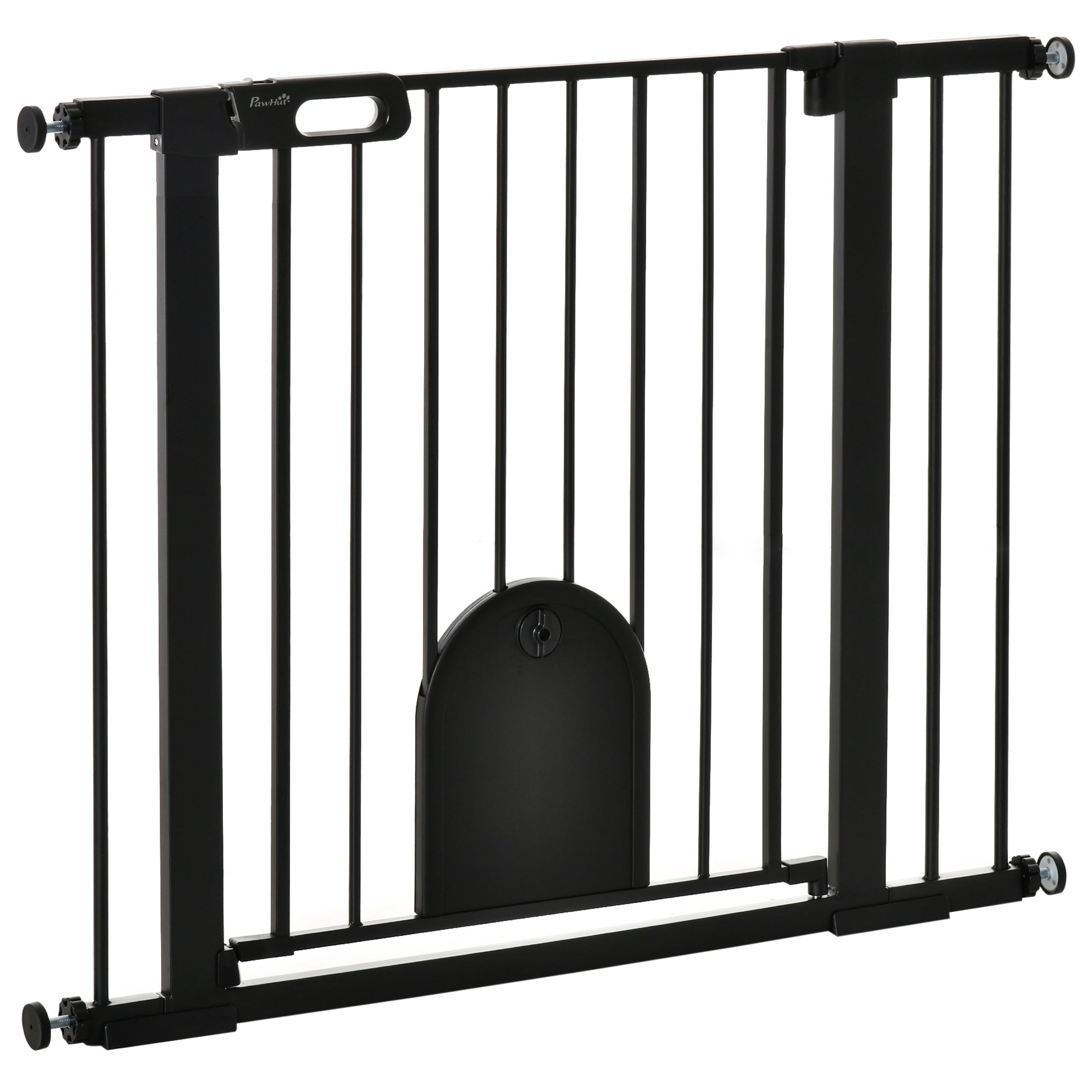 PawHut Dog Gate with Cat Flap Pet Safety Gate Barrier, Stair Pressure Fit, Auto Close, Double Locking, for Doorways, Hallways, 75-103 cm Black - North Peak Garden Furniture