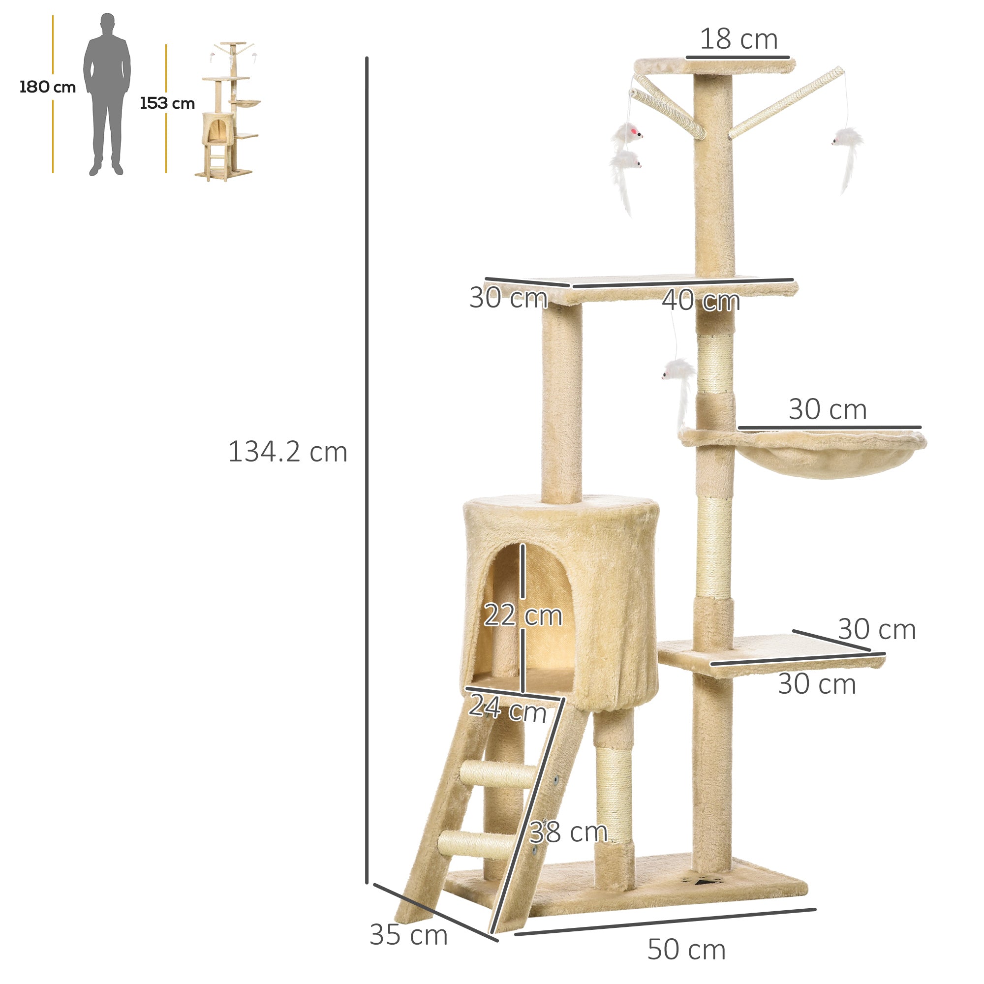 PawHut Cat Tree for Indoor Cats 135cm Cat Tower Scratching Post Kitty Scratcher Climbing Tower with Ladder, Beige - North Peak Garden Furniture
