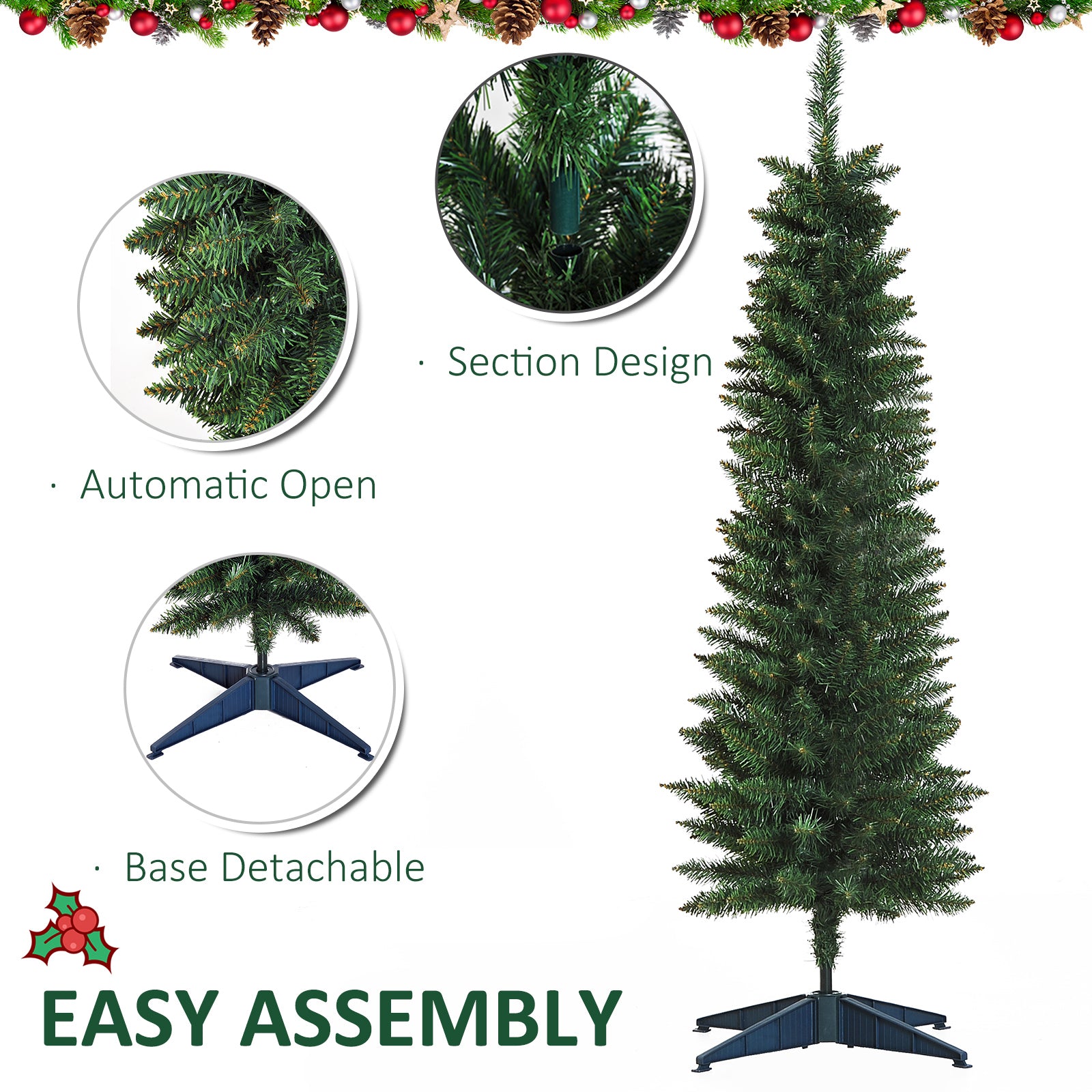 HOMCOM 5ft Unlit Artificial Christmas Tree, Pencil Slim Xmas Tree with Solid Stand and Realistic Branches, Green - North Peak Garden Furniture