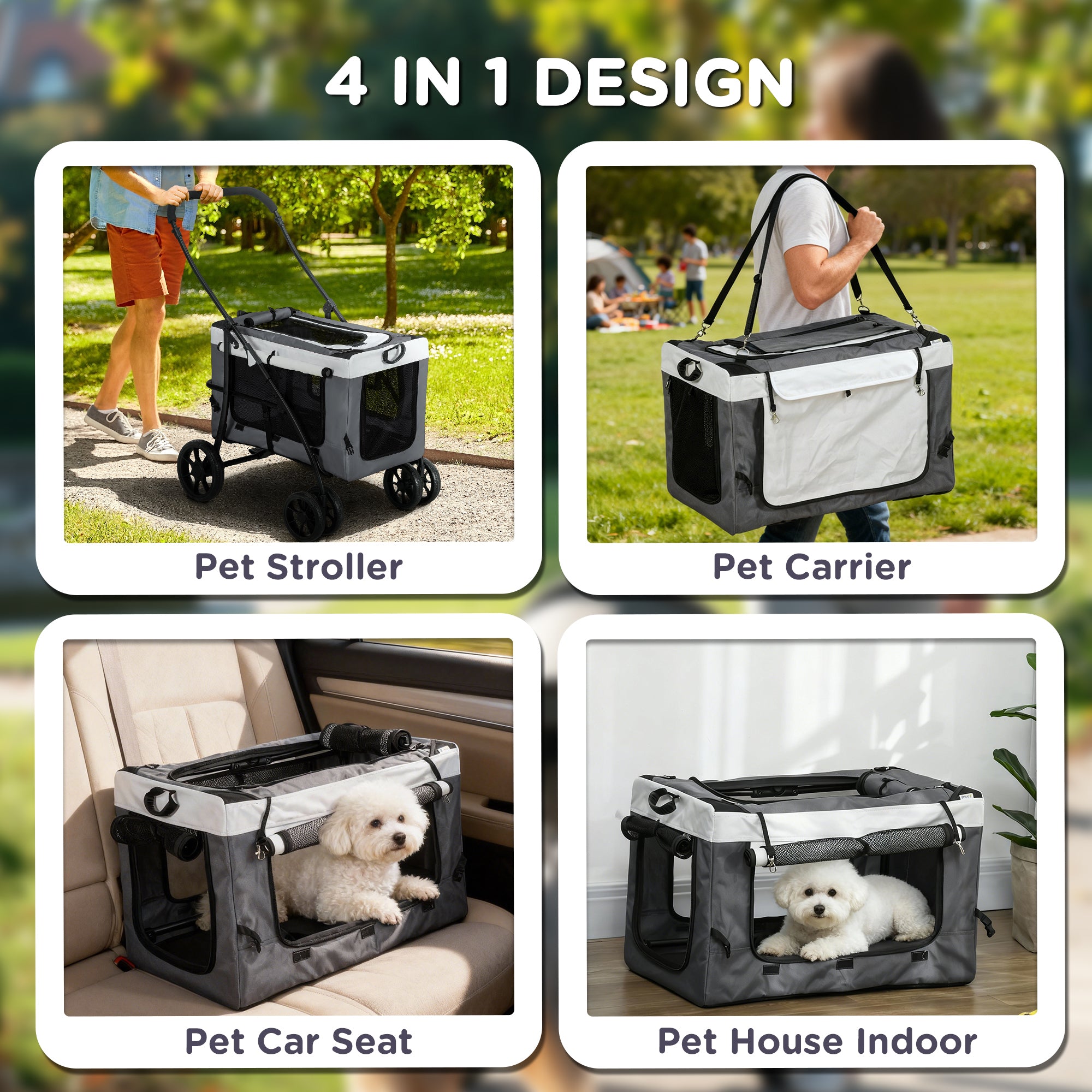 PawHut Foldable Dog Stroller, Pet Travel Crate, with Detachable Carrier, Soft Padding, for Mini, Small Dogs - Grey