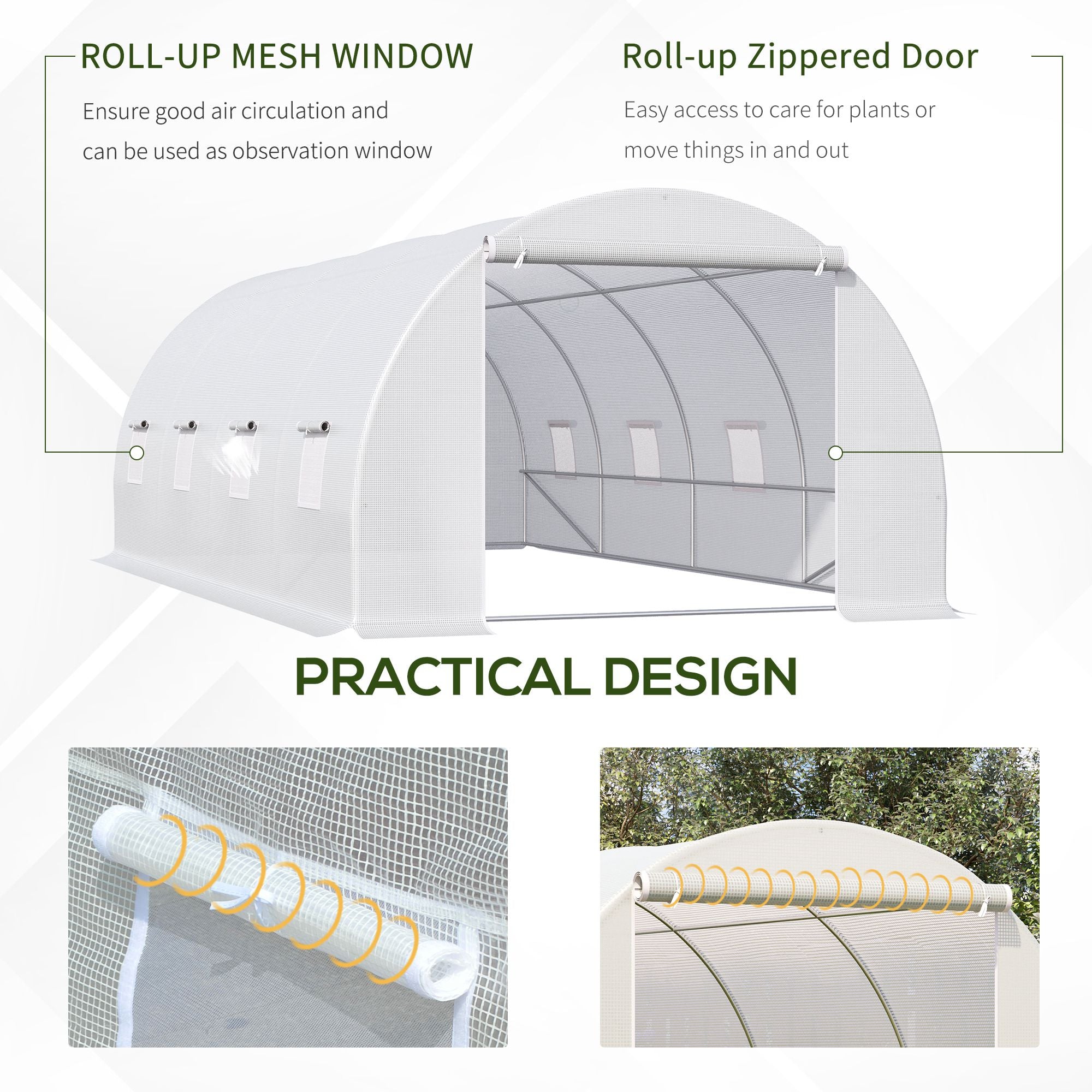 Outsunny 6 x 3 x 2 m Polytunnel Greenhouse, Walk in Polytunnel Tent with Metal Frame, Zippered Door and 8 Windows for Garden and Backyard, White