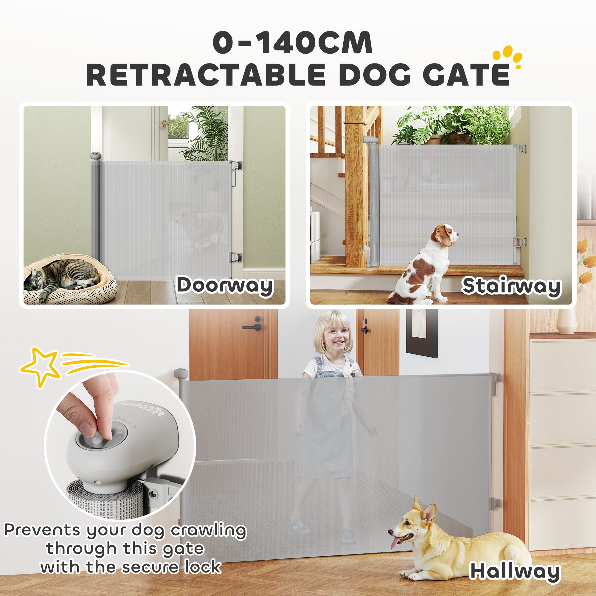 PawHut Retractable Stair Gate Extends Up to 140 cm Wide, Dog Gate for Doorways, Stairways, Hallways, Grey - North Peak Garden Furniture