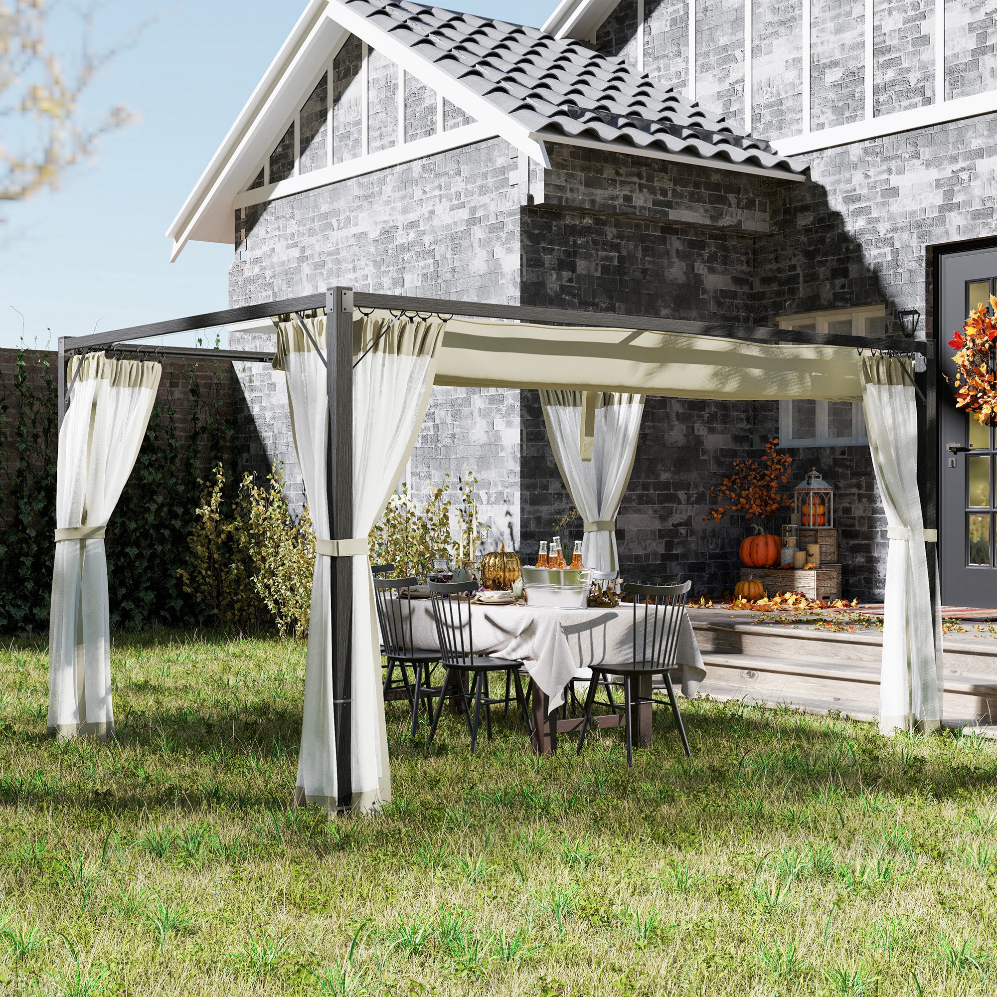 Outsunny 3 x 4m Aluminium Frame Pergola, with Retractable Roof - Khaki - North Peak Garden Furniture