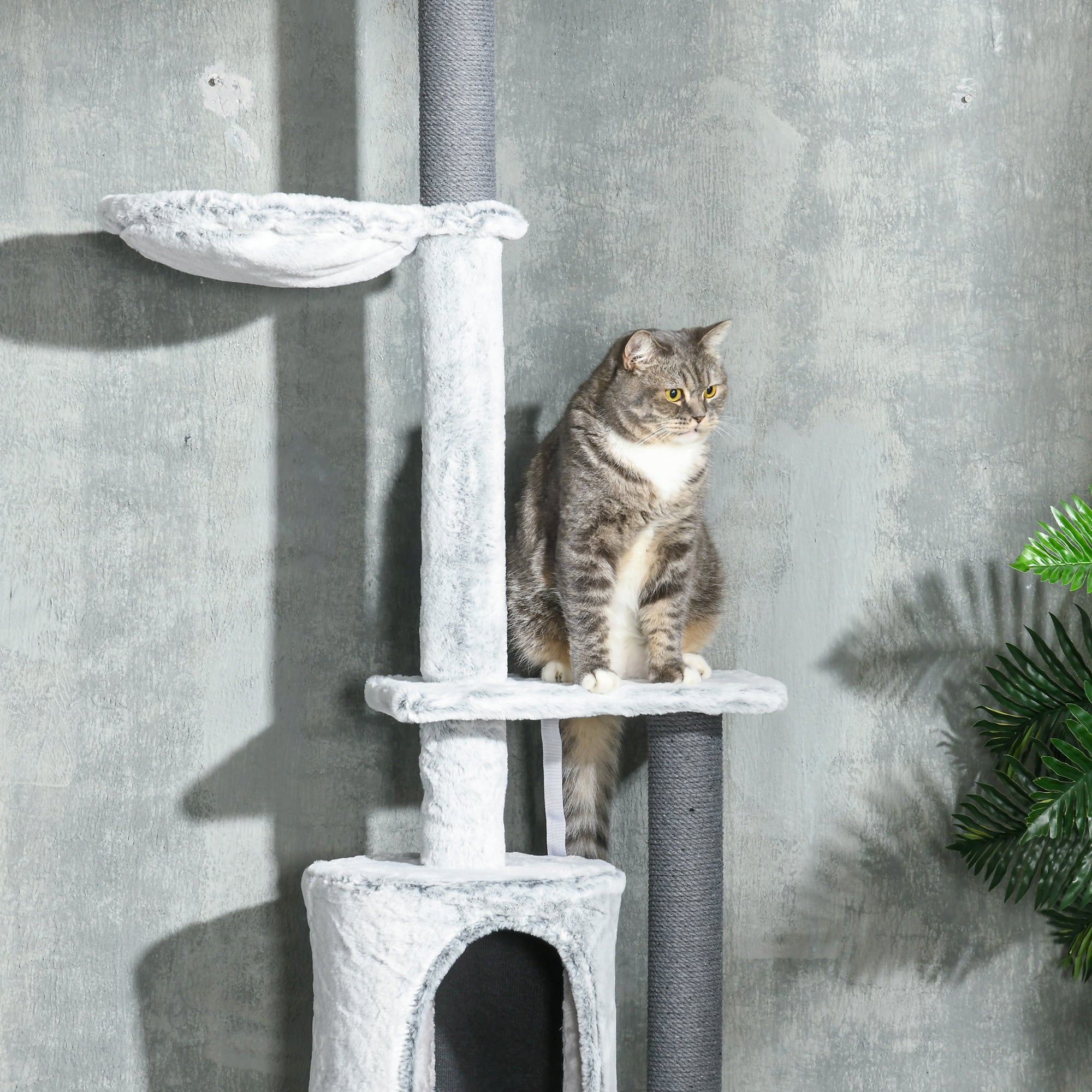 PawHut 255cm Floor to Ceiling Cat Tree with Scratching Posts, Height Adjustable Cat Tower with Hammock, House, Anti-tipping Kit, Perches, Toys, Grey - North Peak Garden Furniture