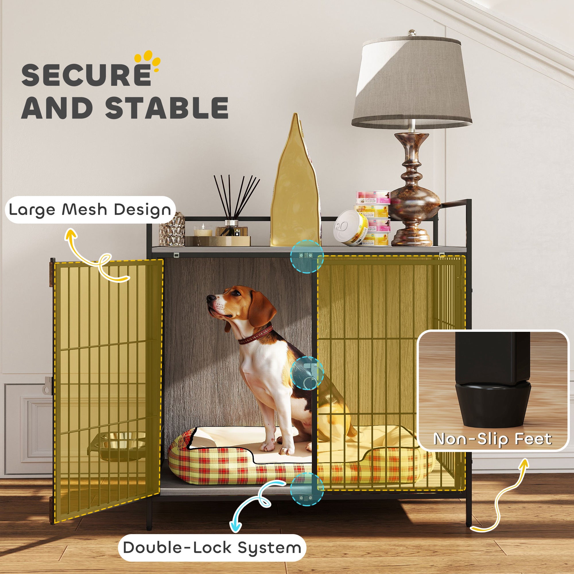 PawHut Dog Crate Furniture with Rotating Bowl Holder, 2 Bowls, 2 Doors, for Medium Dogs, 80 x 56 x 76.5 cm, Grey - North Peak Garden Furniture