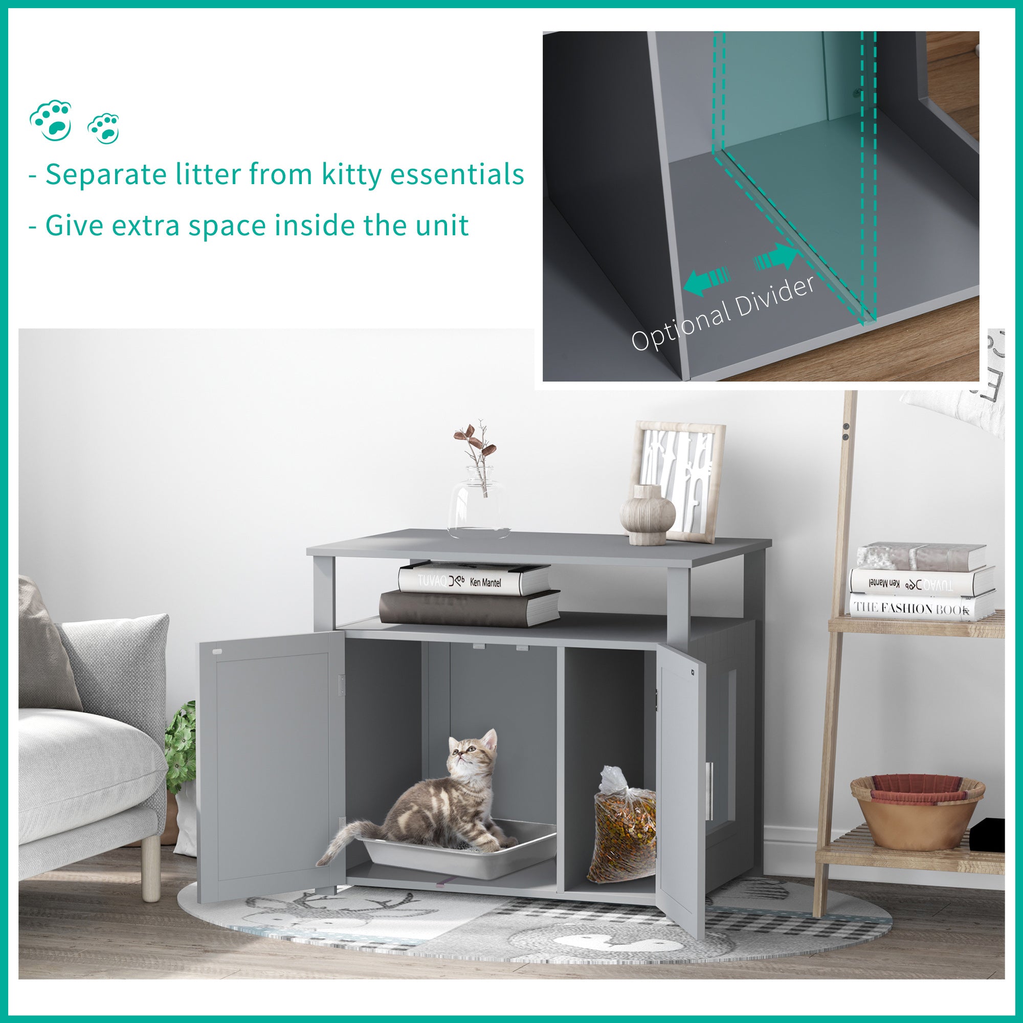 PawHut Wooden Cat Litter Box Enclosure Furniture with Adjustable Interior Wall & Large Tabletop for Nightstand, Grey - North Peak Garden Furniture