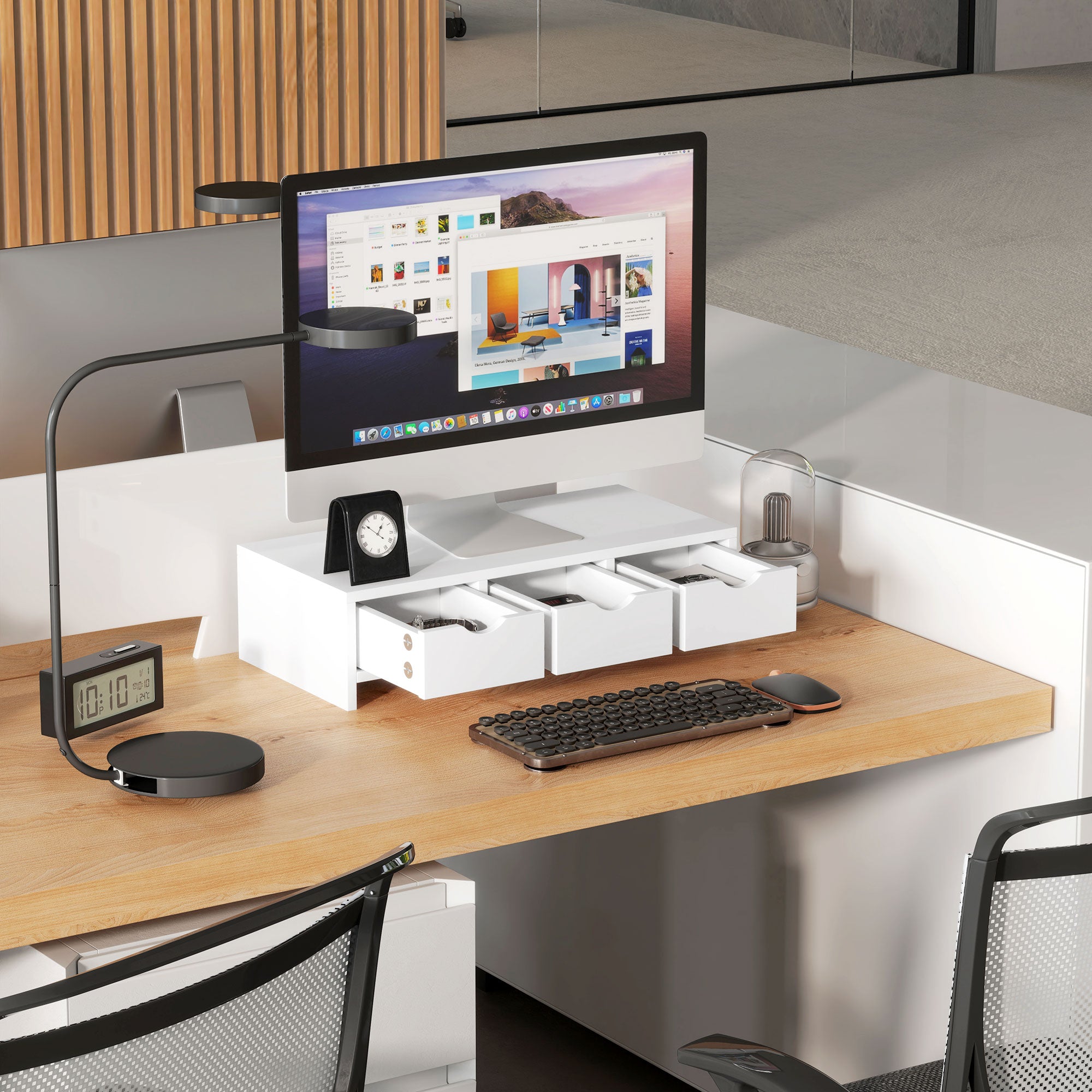 HOMCOM Monitor Stand Riser with 3 Drawers, Monitor Riser for Laptop, Computer, PC, Small Printer, 51 x 24 x 13cm, White - North Peak Garden Furniture