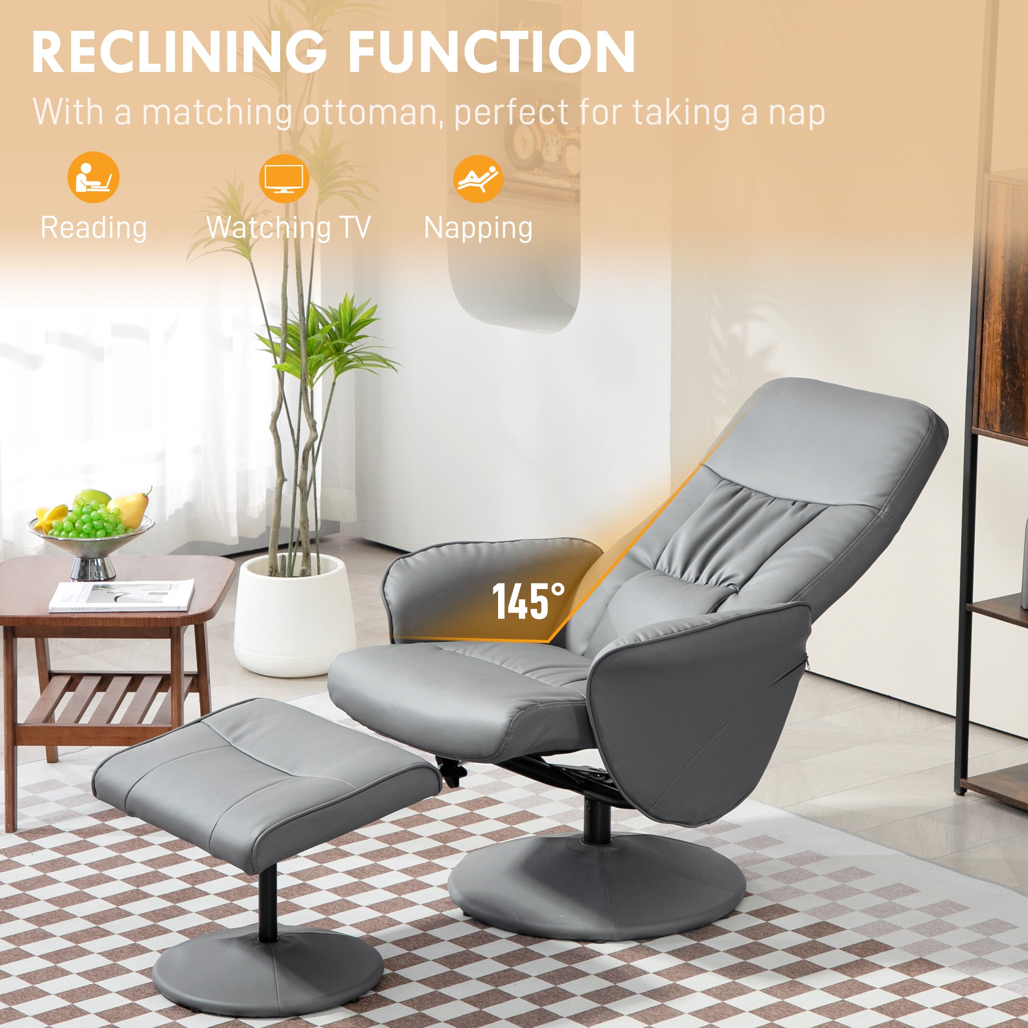 HOMCOM Swivel Recliner Chair with Footstool, PU Leather Armchair and Ottoman with High Back and Round Base for Living Room, Light Grey - North Peak Garden Furniture
