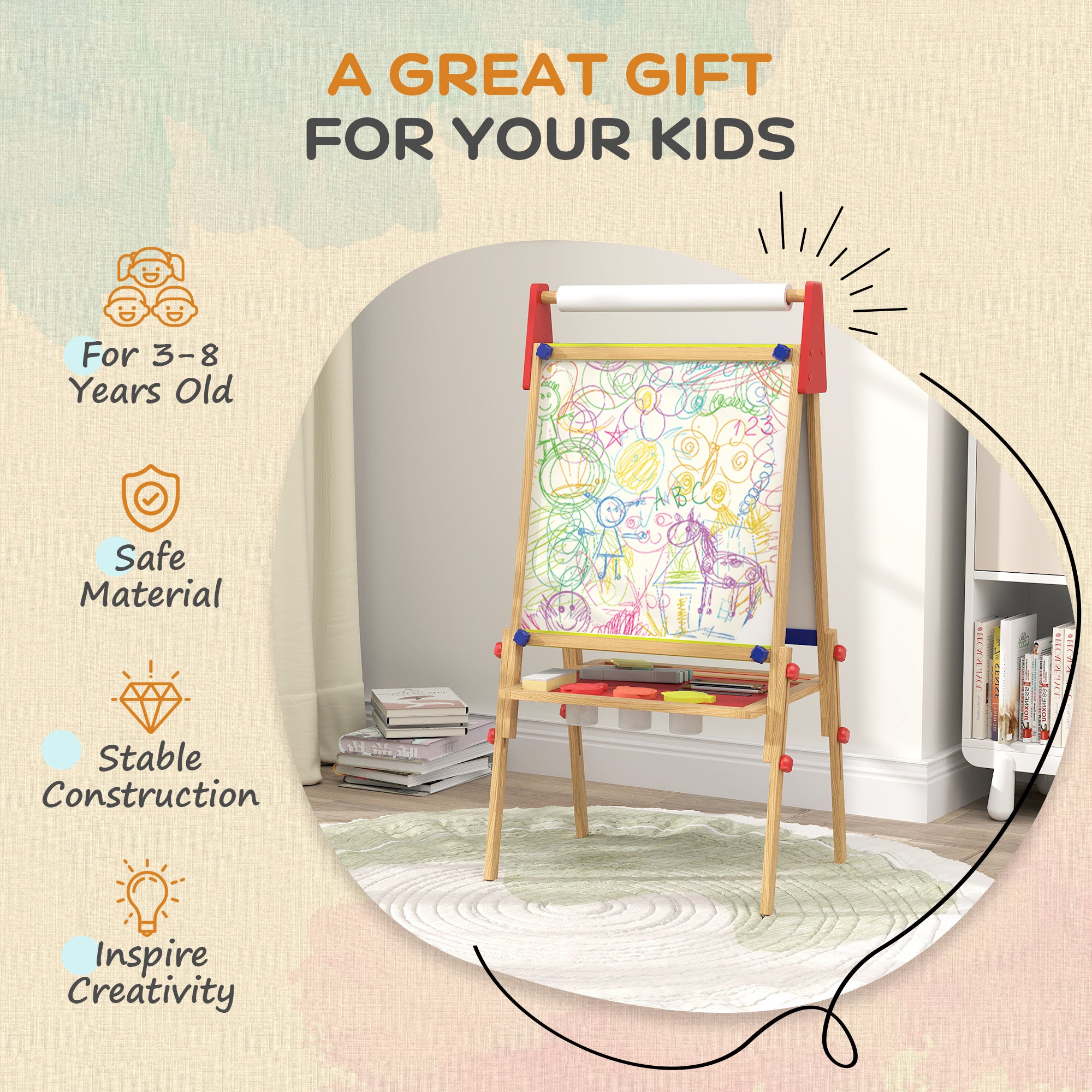 AIYAPLAY 3 in 1 Wooden Kids Easel with Paper Roll, Whiteboard & Chalkboard, Painting Accessories