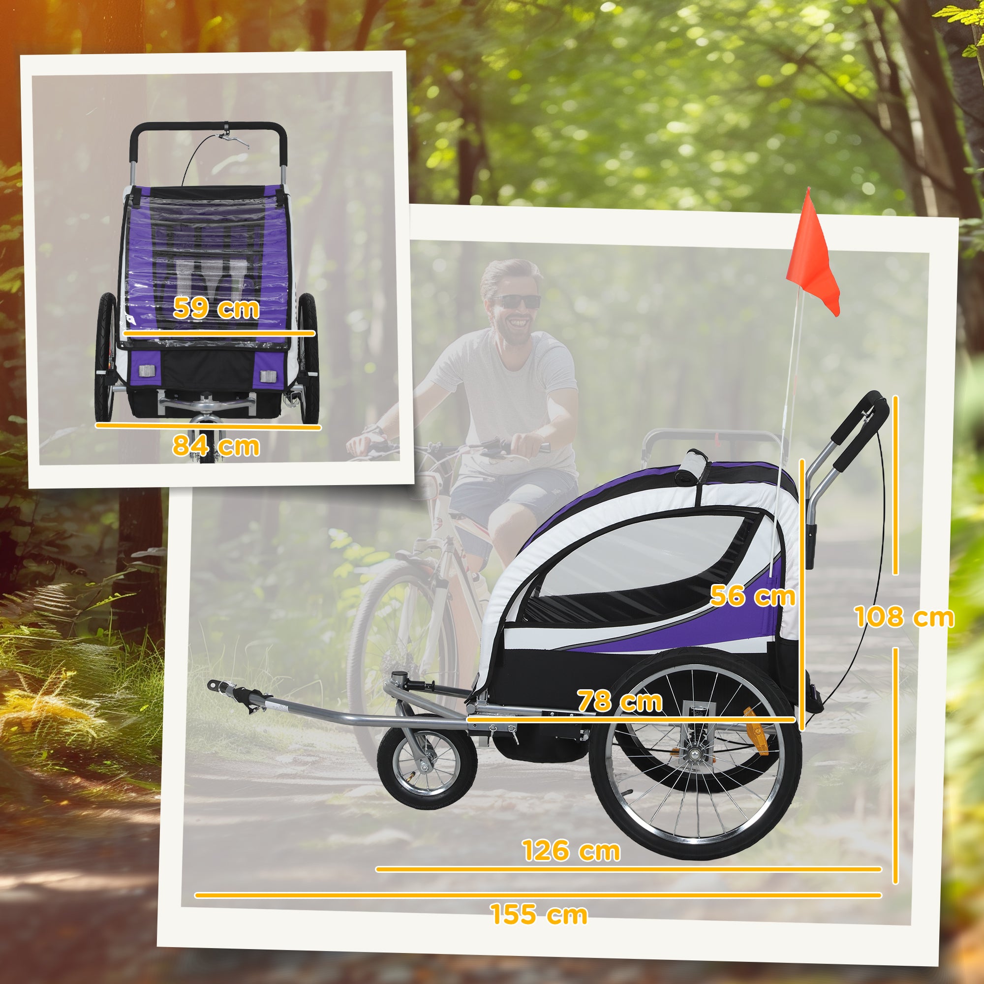 HOMCOM Baby Bike Trailer with 5 Point Harness, Steel Frame, Reflectors, Safety Flag, Hitch Coupler, Purple - North Peak Garden Furniture