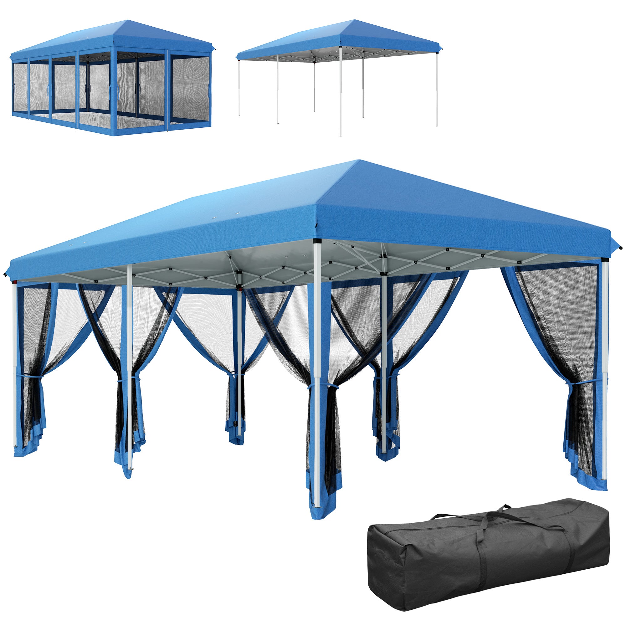 Outsunny 3 x 6m Pop Up Gazebo, Outdoor Canopy Shelter, Marquee Party Wedding Tent with 6 Mesh Walls and Carry Bag, Blue - North Peak Garden Furniture