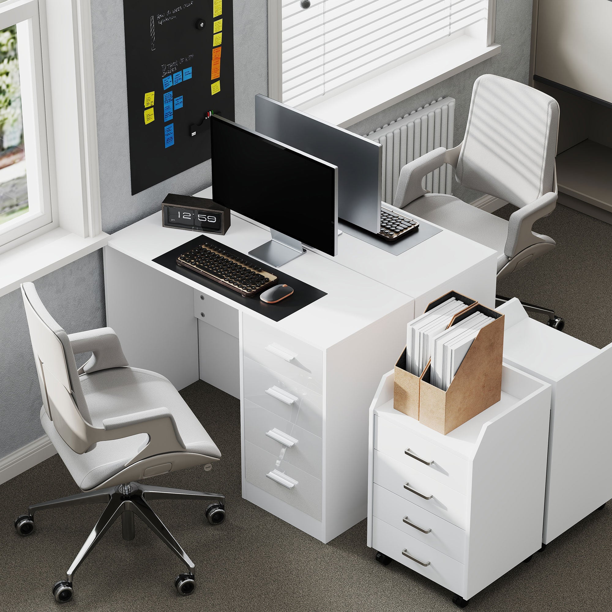 HOMCOM Computer Desk with Drawers, Dressing Table, High Gloss Home Office Writing Workstation, White - North Peak Garden Furniture