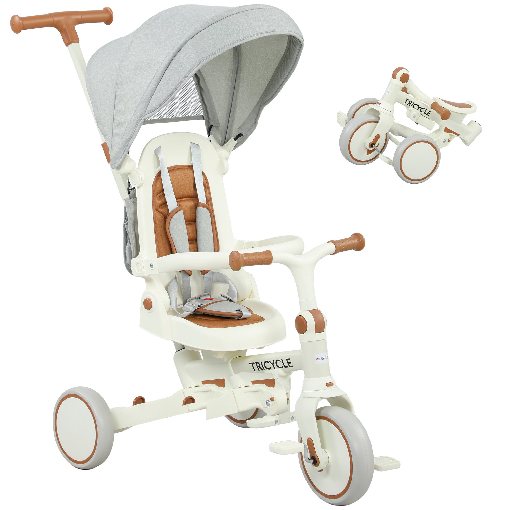 AIYAPLAY 5 in 1 Kids Trike with Adjustable Backrest, Toddler Tricycle with Push Handlebar, Adjustable Backrest, Cream White