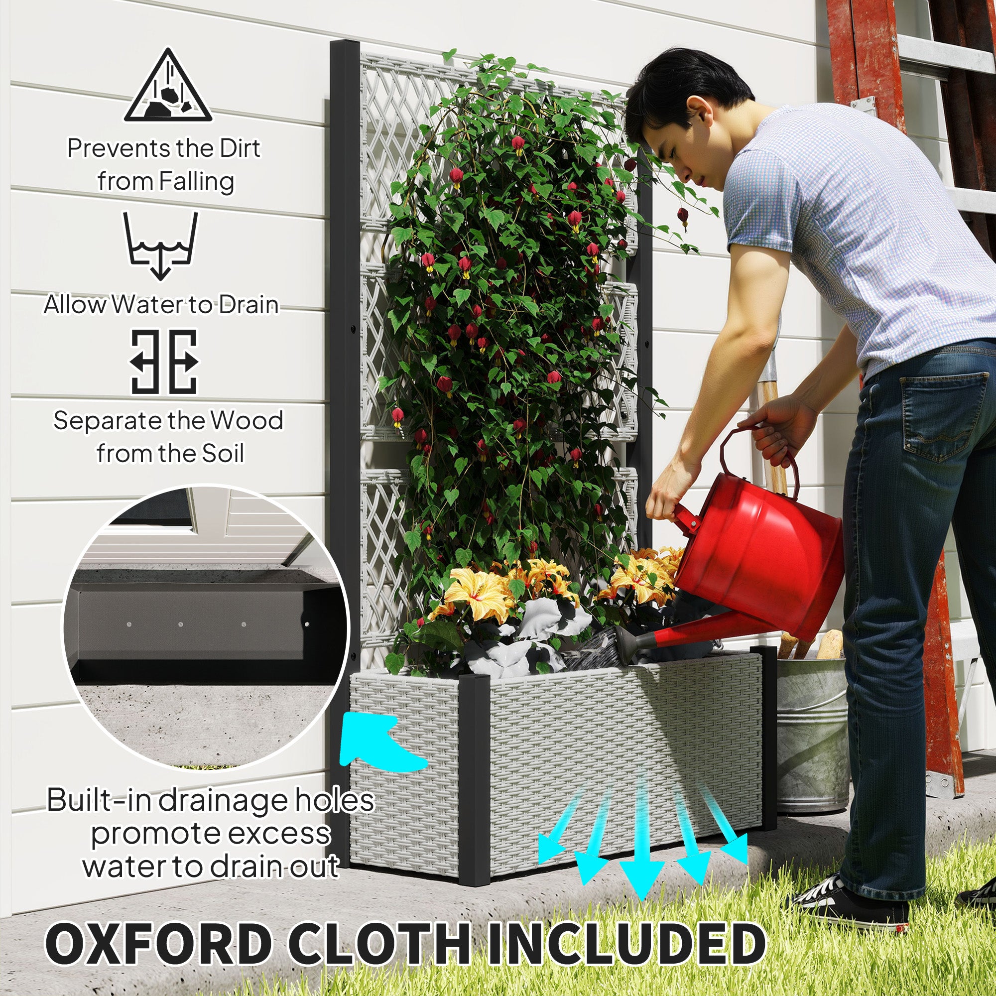 Outsunny Garden Planter Box with Trellis, Liner for Climbing Plants, Vegetables, Flowers, 90 x 35 x 148 cm, Mixed-grey - North Peak Garden Furniture