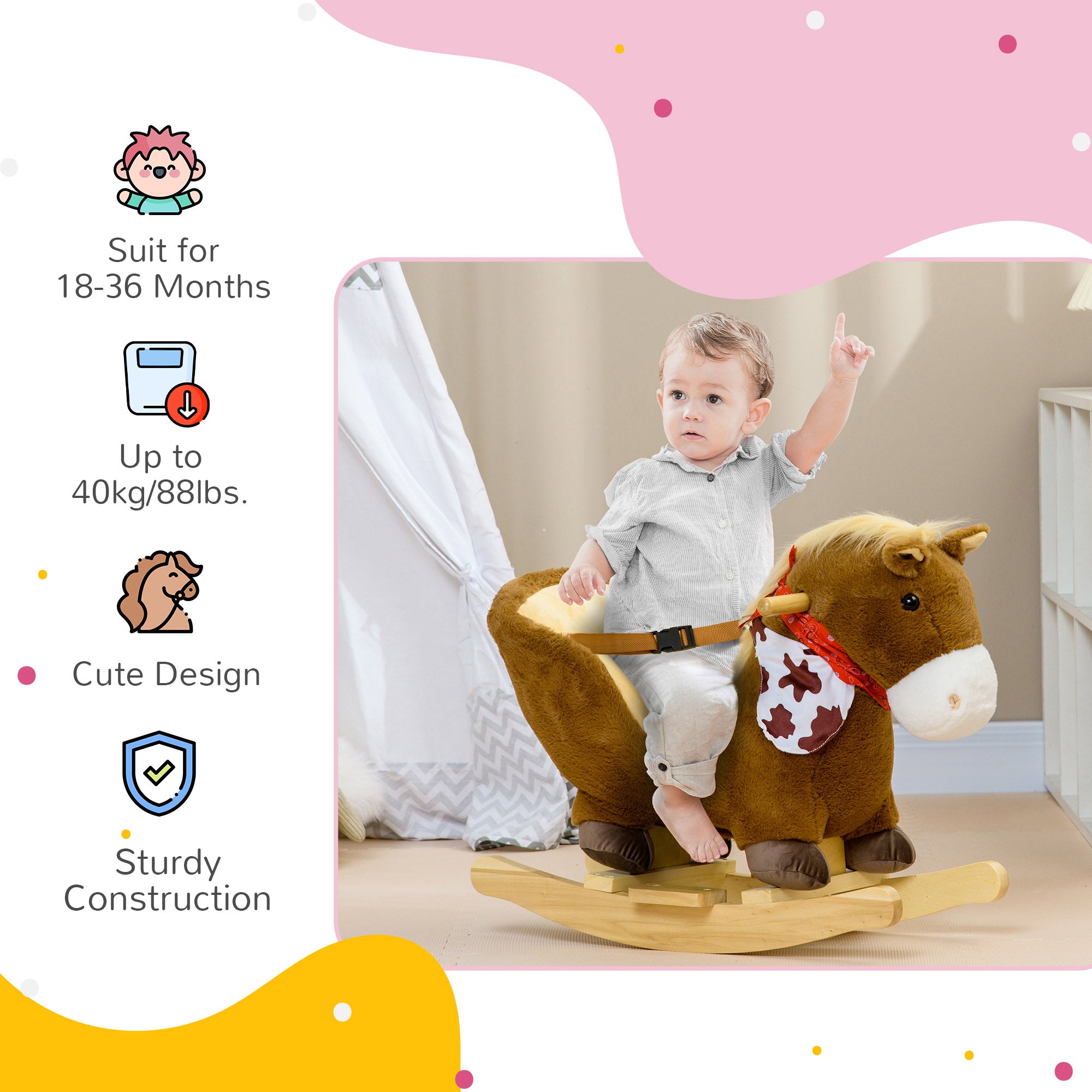 HOMCOM Kids Rocking Horse, with Safety Harness, Sounds, Foot Pedals - Brown - North Peak Garden Furniture