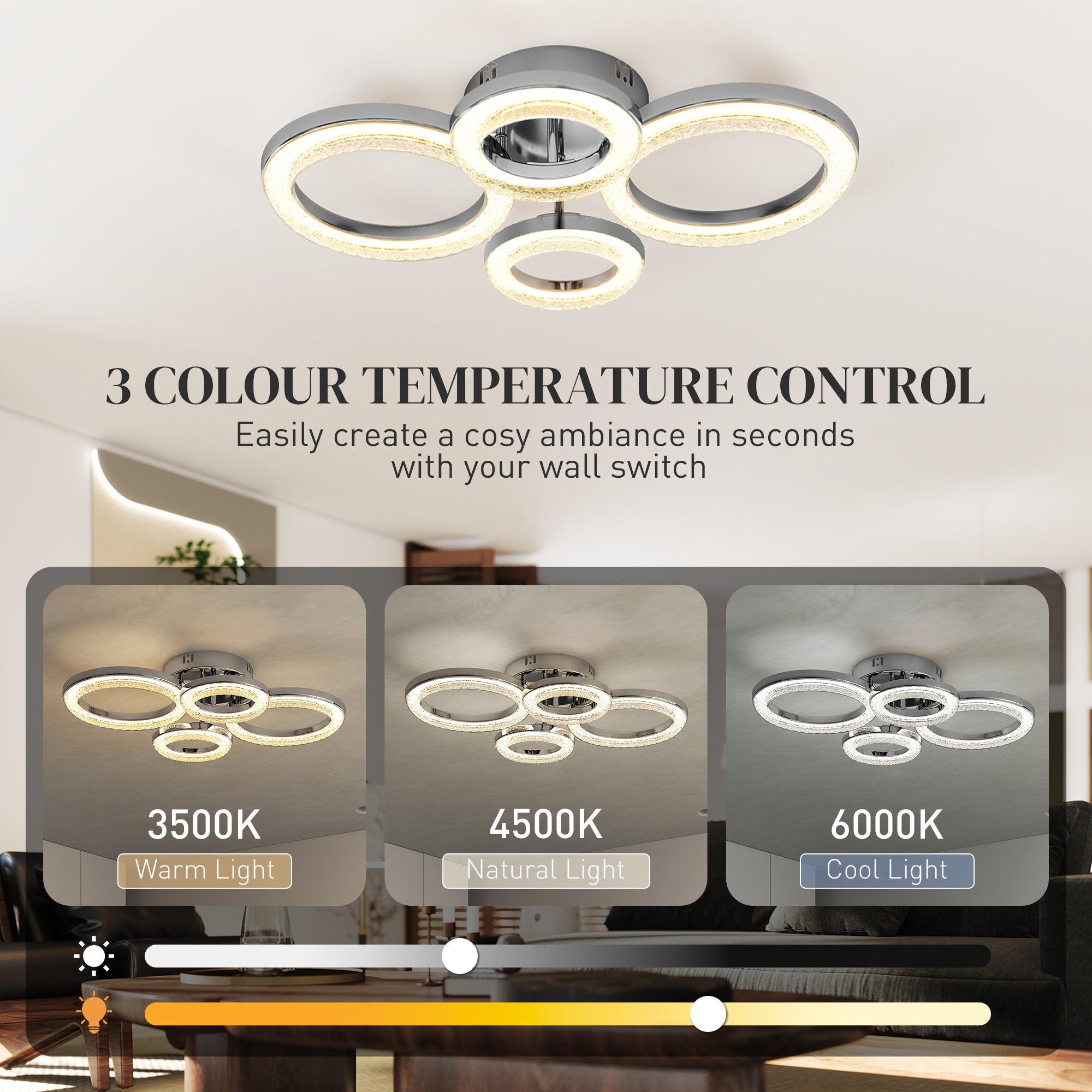 HOMCOM LED Ceiling Light, Modern 4 Rings Ceiling Lamp with Wall Switch Control, 40W 4350lm Flush Mount Ceiling Light with 3500K/4500K/6000K Colour Temperatures for Living Room, Bedroom, Silver Tone
