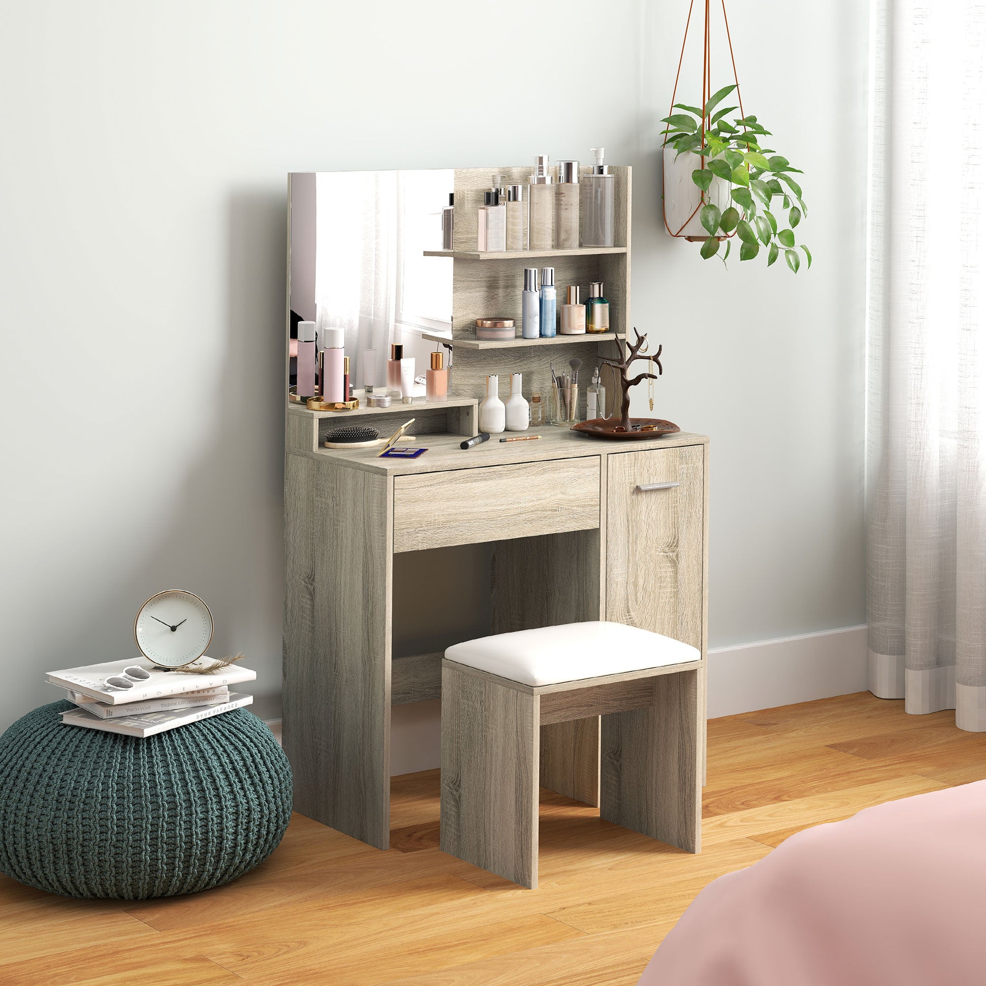 HOMCOM Dressing Table and Stool Set, with Storage - Natural Wood Finish - North Peak Garden Furniture