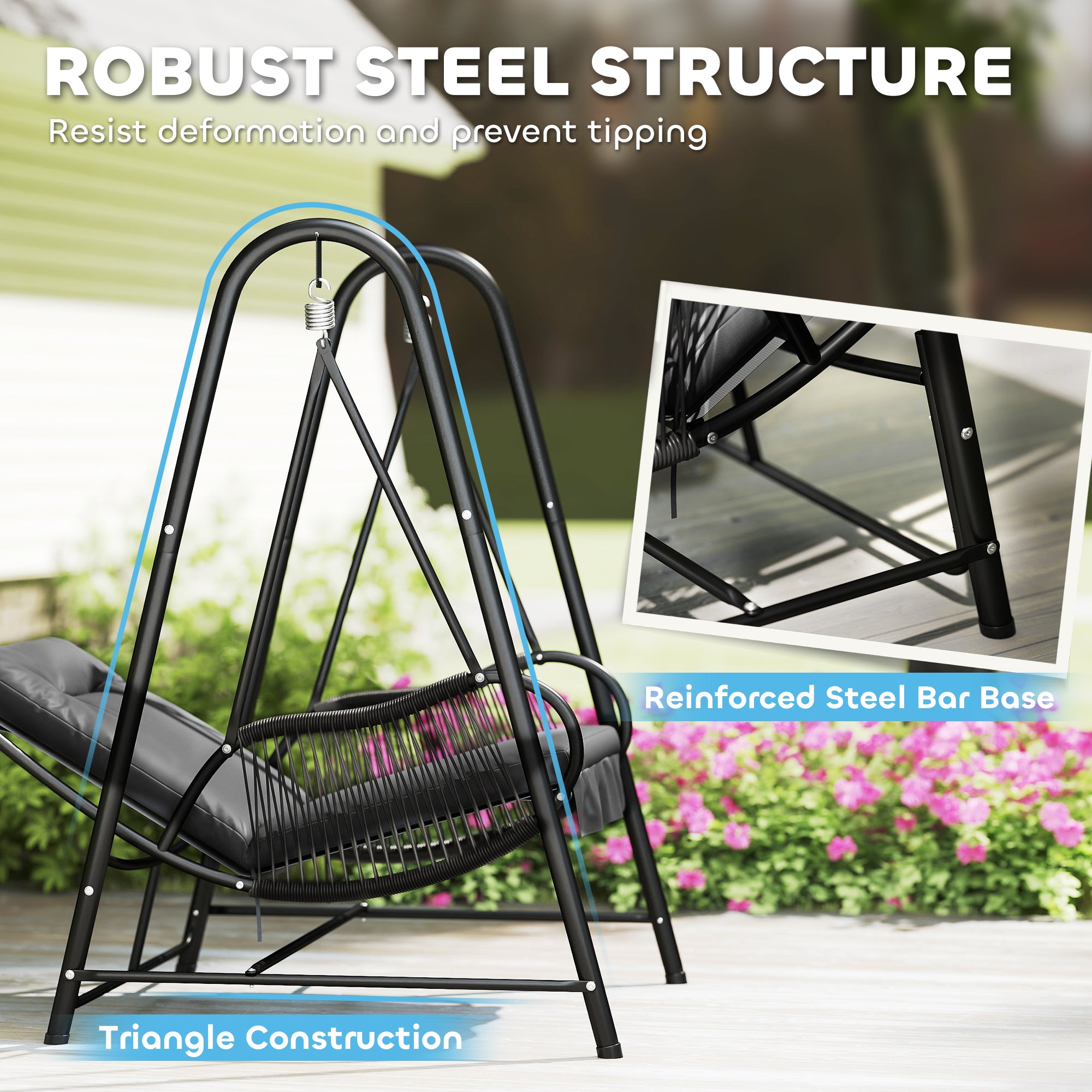 Outsunny Rattan Swing Chair, Outdoor Garden Hanging Swing Seat with Stand and Seat Cushion, Porch Hanging Chair for Balcony, Garden, Deck, Dark Grey - North Peak Garden Furniture