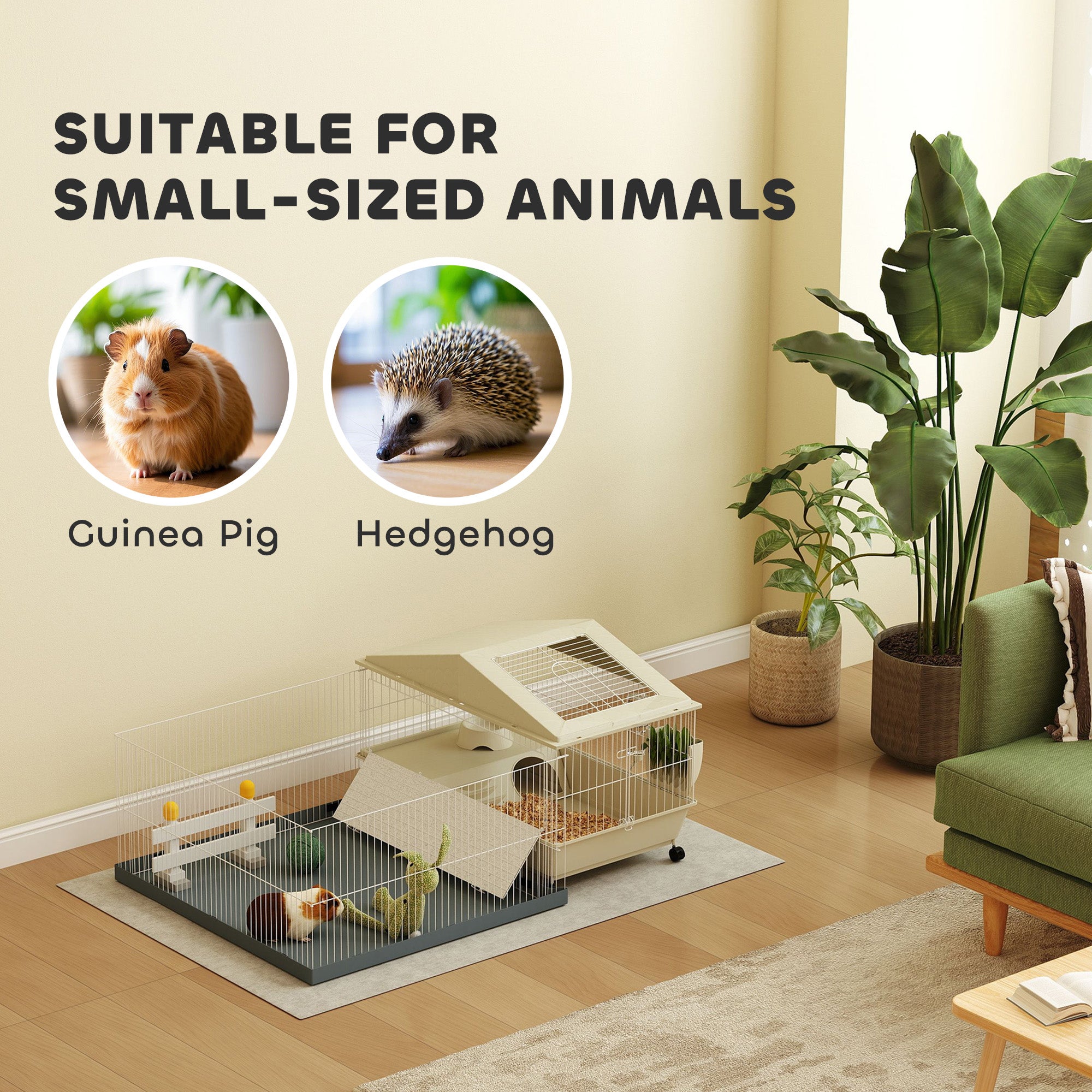 PawHut Small Animal Cage with Removable Pet Playpen, Guinea Pig Cage with Waterproof Pad, Hay Feeder, 108 x 71 x 57cm, Beige - North Peak Garden Furniture