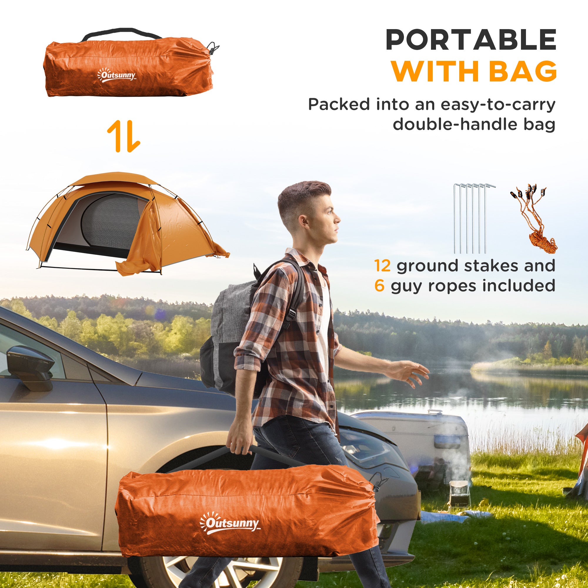 Outsunny Aluminium Frame Camping Tent Dome Tent with Removable Rainfly, 2000mm Waterproof, for 1-2 Man, Orange - North Peak Garden Furniture