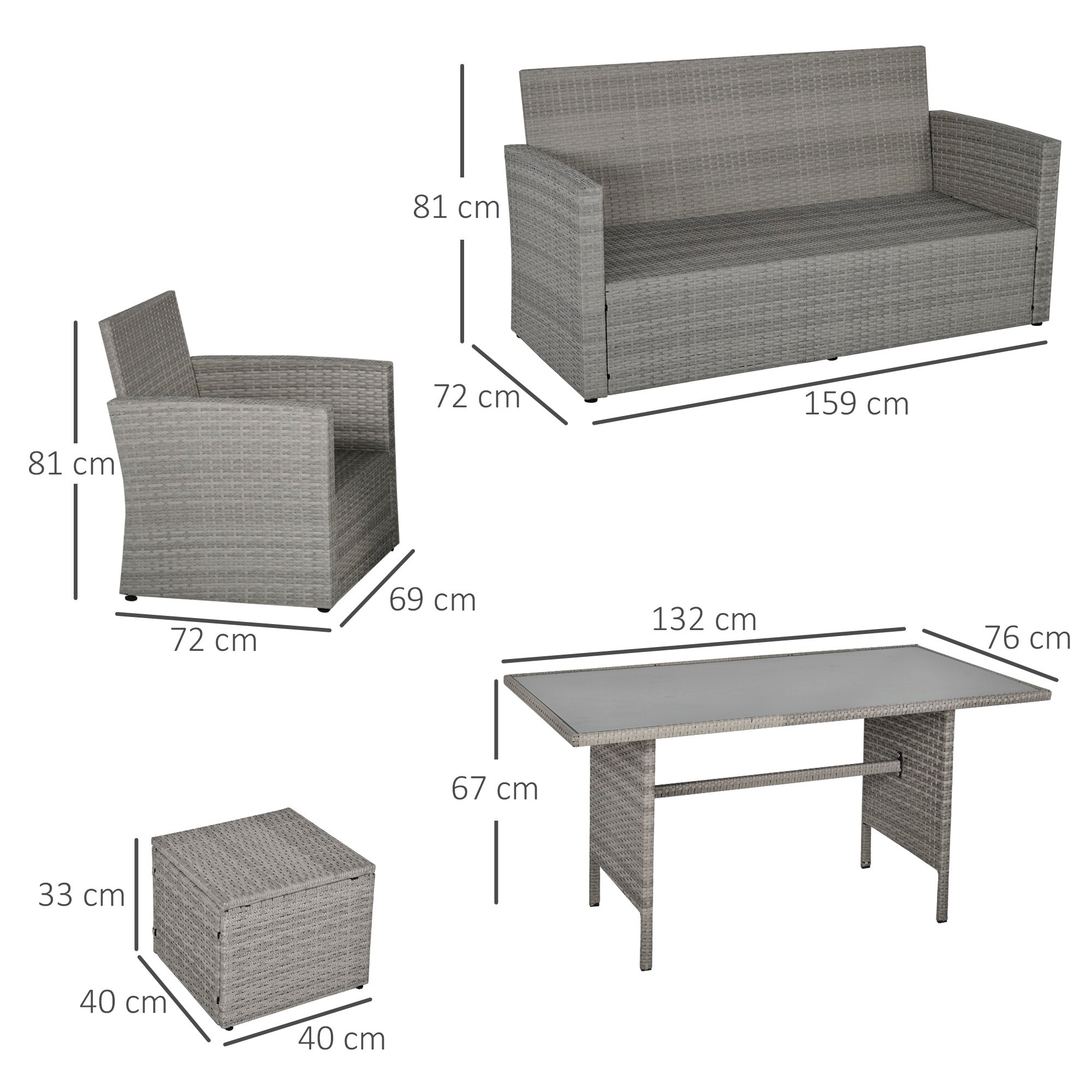 Outsunny Six-Piece Rattan Sofa Set, with Glass-Top Table - Mixed Grey - North Peak Garden Furniture
