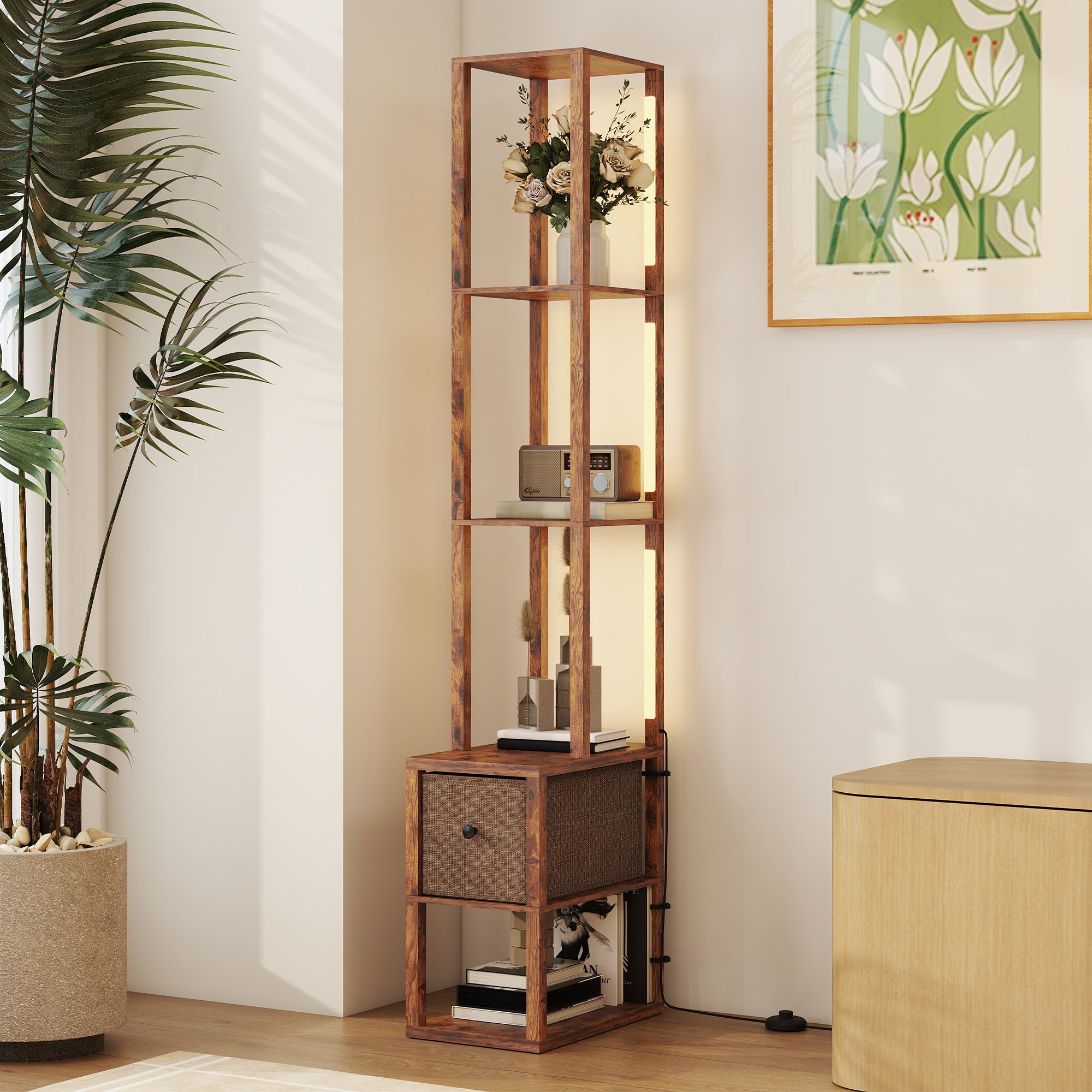 HOMCOM Floor Lamp with Shelves, LED Column Modern Standing Lamp with Fabric Drawer, Adjustable Brightness, Foot Switch for Living Room, Bedroom, Office, Rustic Brown