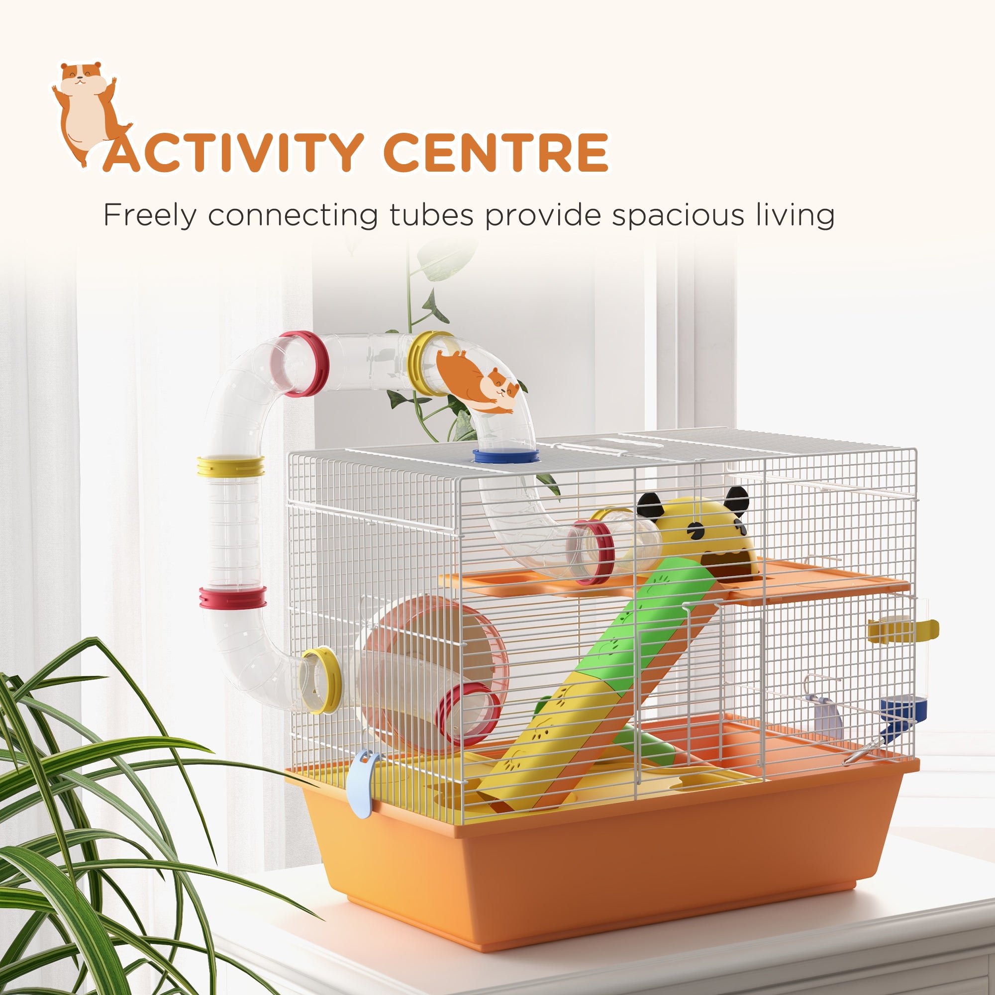 PawHut 3 Tiers Gerbil Cage, Hamster Cage with Tubes, Exercise Wheel, Ladder, Top Handle, 45 x 28 x 37cm - Orange - North Peak Garden Furniture