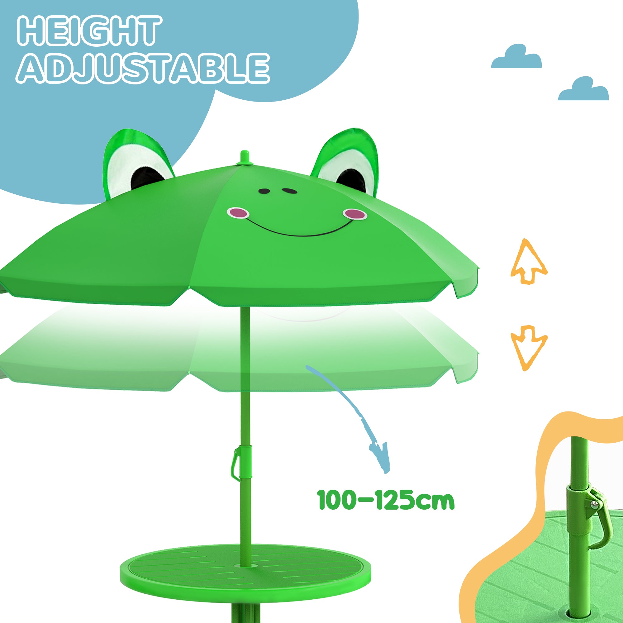 Outsunny Kids Outdoor Table and Chairs Garden Furniture Frog Pattern with Removable & Height Adjustable Sun Umbrella, Green
