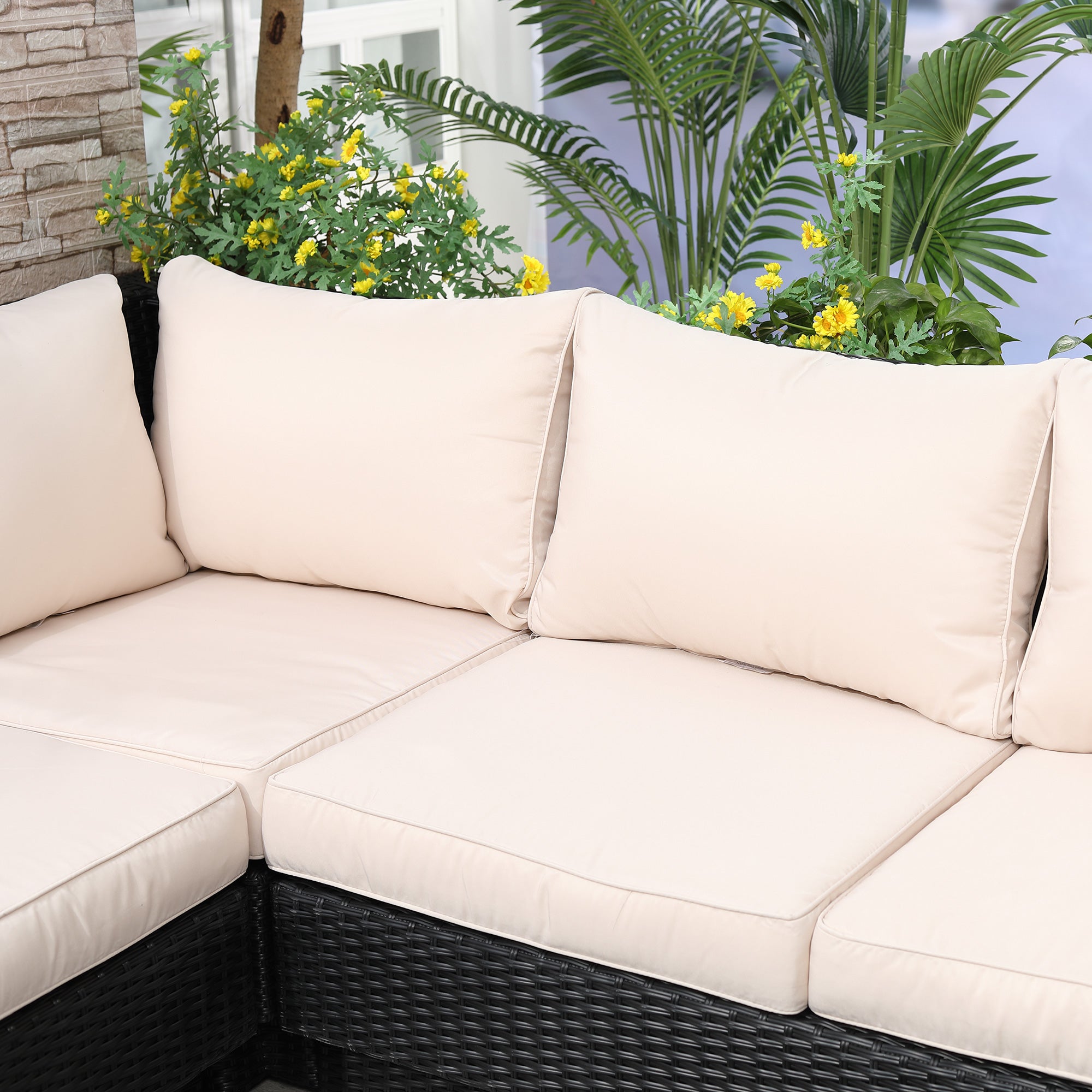 Outsunny 4 PCs Rattan Garden Furniture Outdoor Sectional Corner Sofa and Coffee Table Set  Conservatory Wicker Weave Furniture with Armrest and Cushions - Black