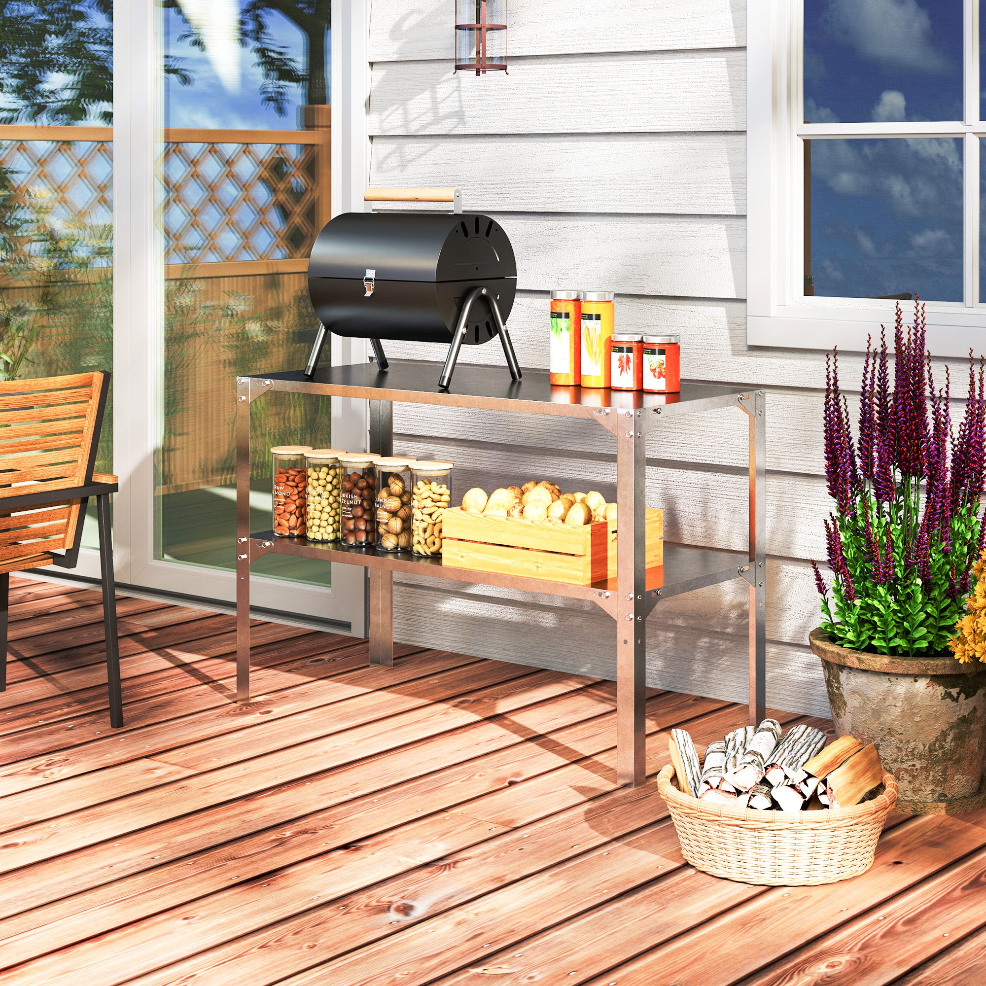Outsunny 2 Tier Potting Bench Table, Galvanised Steel Garden Planting Work Bench Workstation with Storage Shelf for Outdoor, Patio, Greenhouse, 110 x 50 x 75 cm, Silver Tone - North Peak Garden Furniture