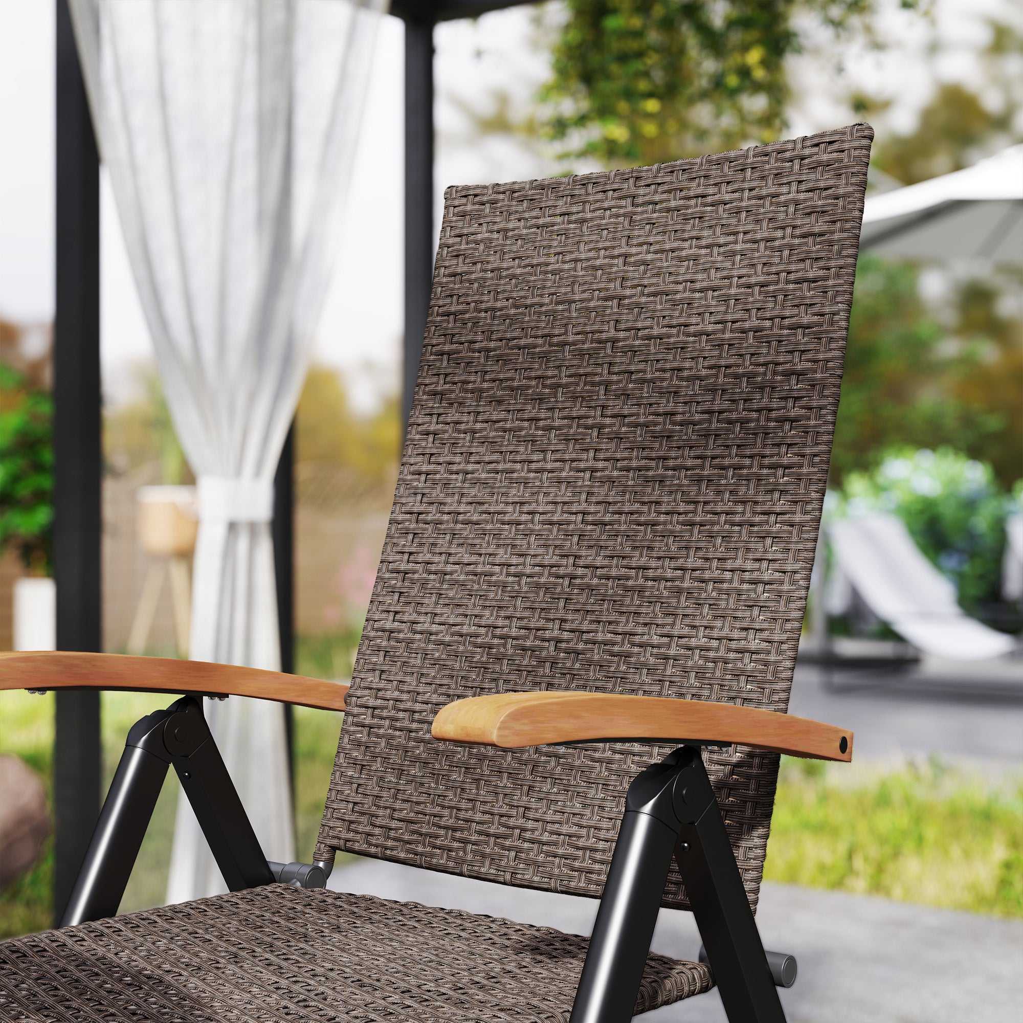 Outsunny 2 Pieces Outdoor Foldable Dining Chair with Armrests, High Backrest, for Garden, Camping, Balcony, Brown - North Peak Garden Furniture