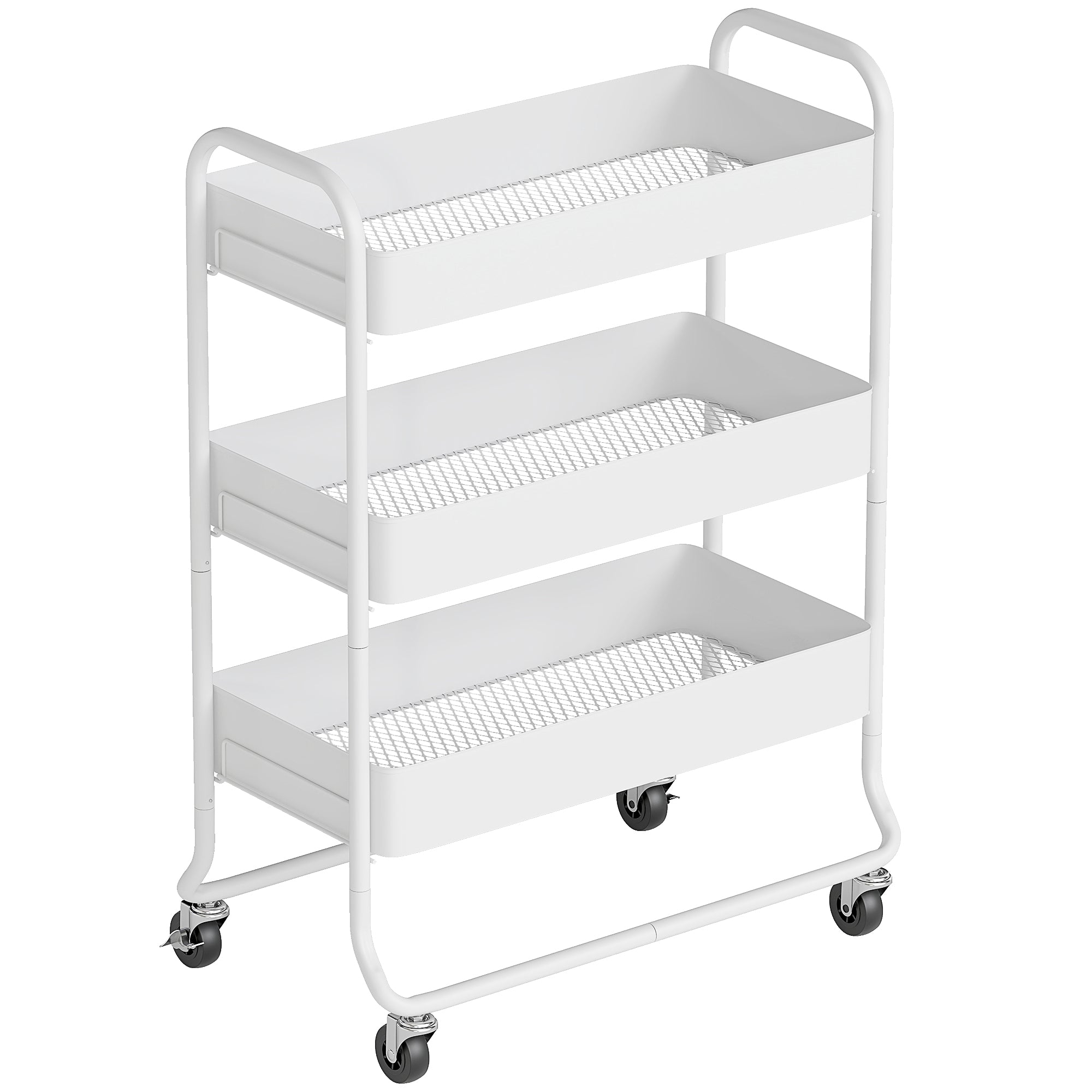 HOMCOM 3-Tier Storage Trolley on Wheels, Rolling Utility Cart with Mesh Backets for Kitchen, Bathroom, Bedroom, White
