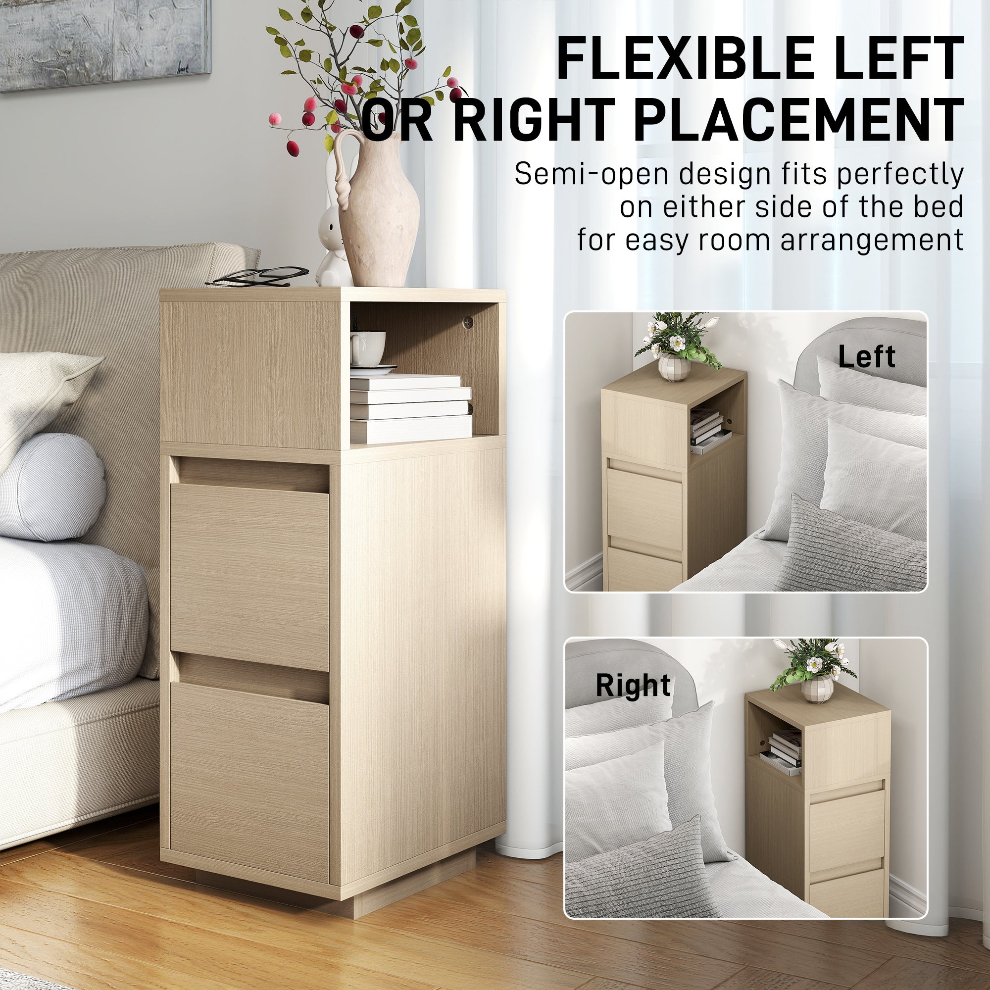 HOMCOM Slim Bedside Table, Narrow Bedside Cabinet with Open Shelf and 2 Drawers for Bedroom, Living Room, Natural Wood Finish