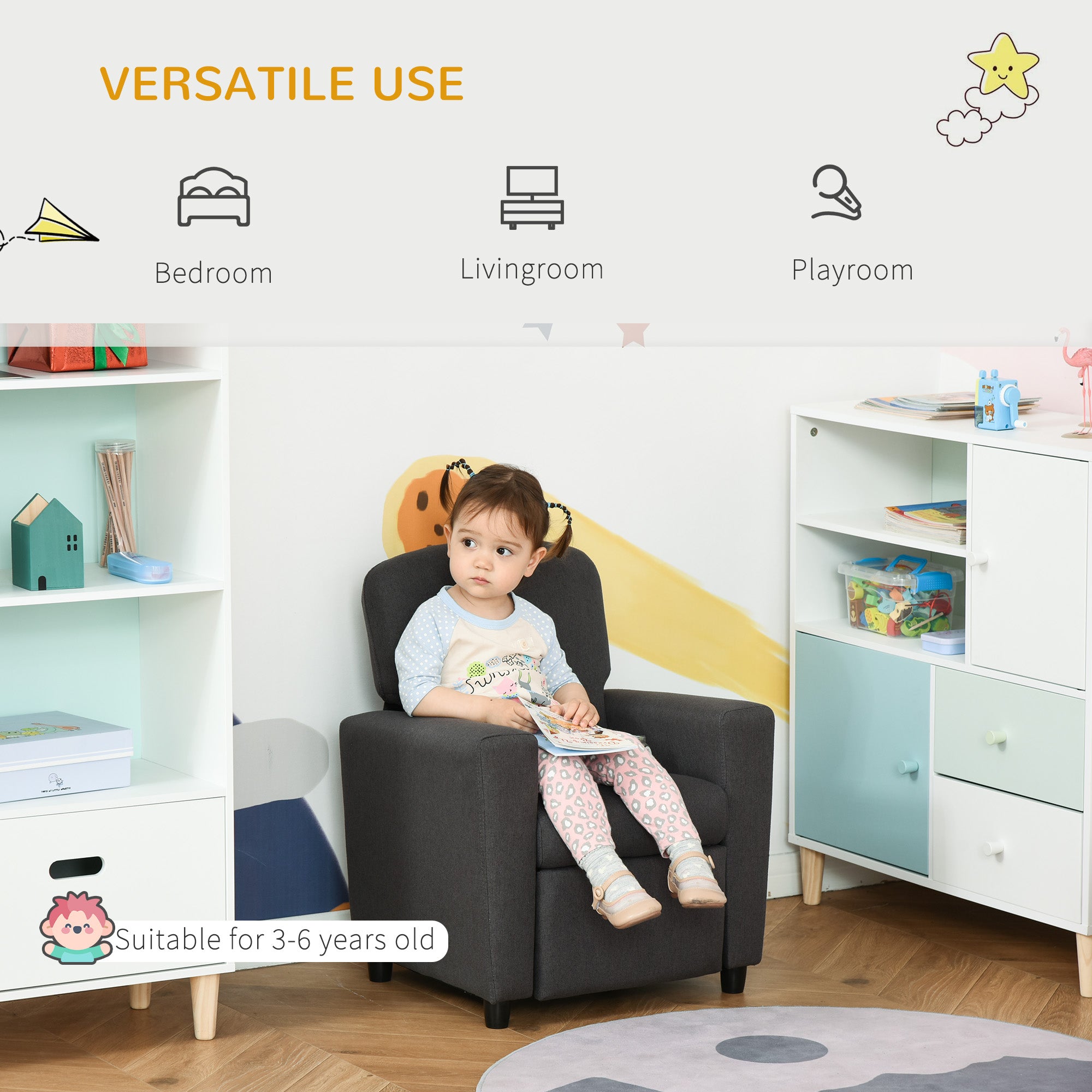 HOMCOM 2 in 1 design Kids Sofa Armchair with Footrest for Children Playroom Bedroom Living Room, 55 x 50 x 67cm, Grey - North Peak Garden Furniture