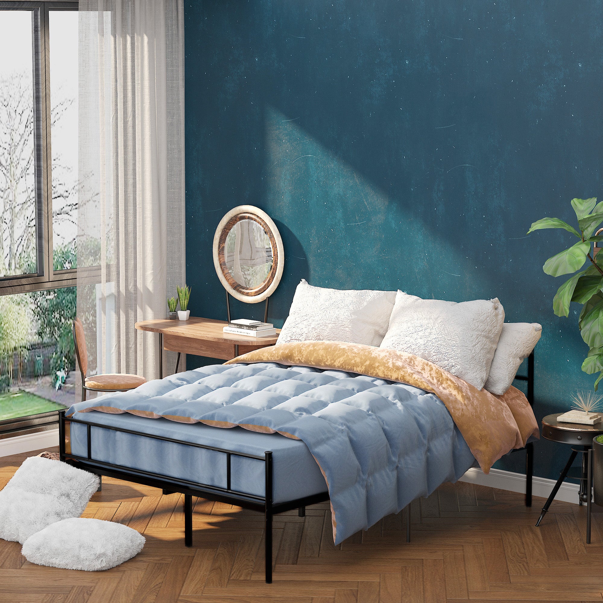 HOMCOM Double Metal Bed Frame Solid Bedstead Base with Headboard and Footboard, Metal Slat Support and Underbed Storage Space, Bedroom Furniture, Black - North Peak Garden Furniture