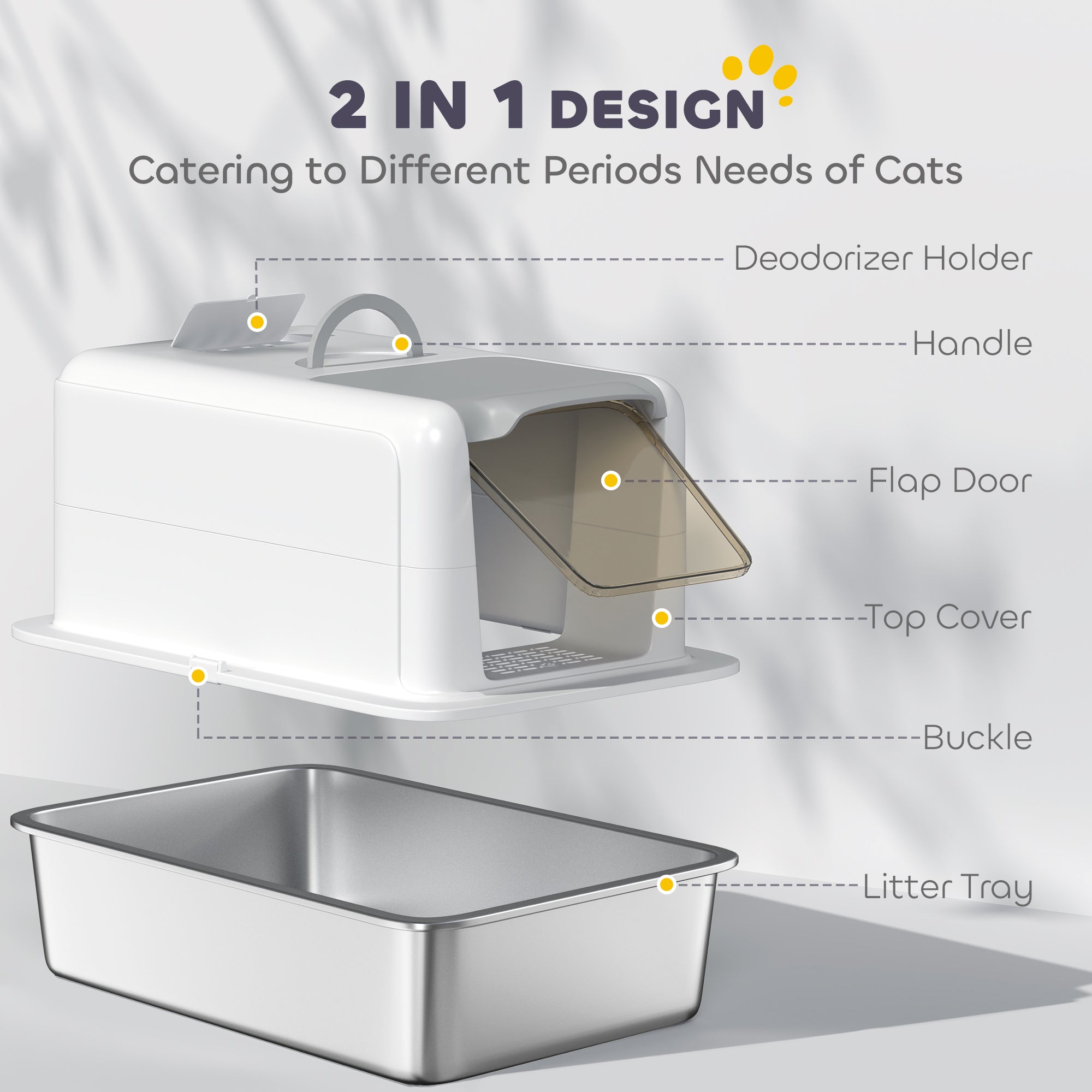 PawHut Stainless Steel Cat Litter Box with Removable Lid, Scoop, Filter Bags, for Larger Cats, White