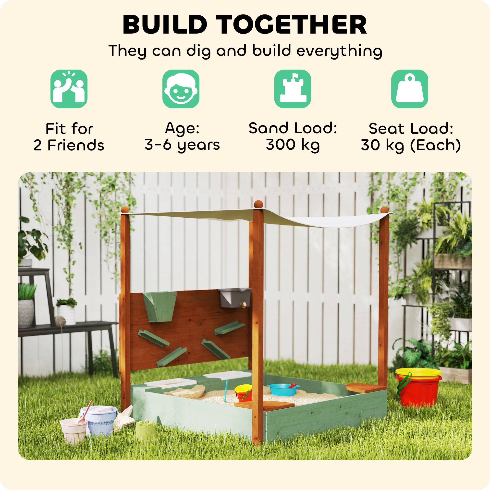 AIYAPLAY Wood Sandpit with Canopy, Storage Bins, Funnel, Liner, Chutes, Bucket with Tap, 116 x 112.5 x 128 cm, Green - North Peak Garden Furniture