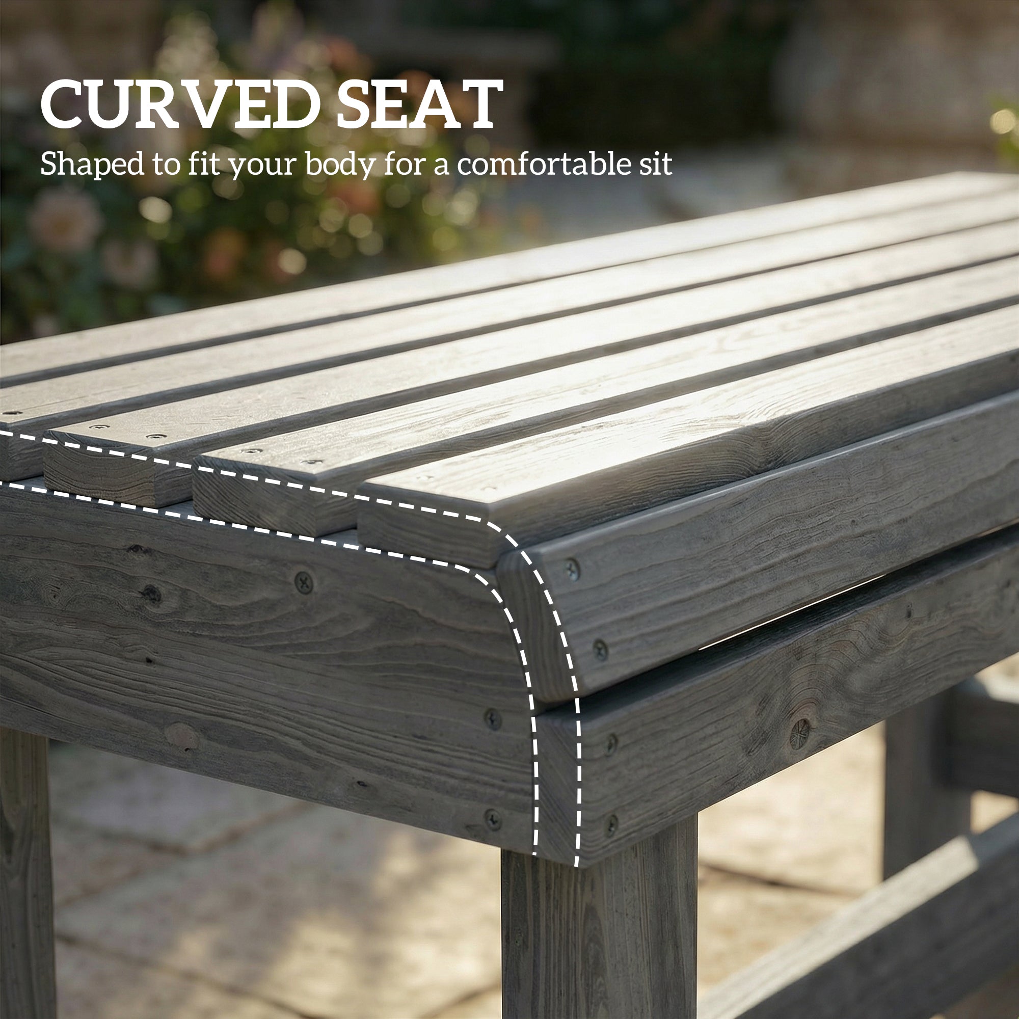 Outsunny Wooden Outdoor Bench, 2 Seater Garden Bench, Backless Patio Bench with Slatted Curved Seat, Grey Embossed Finish