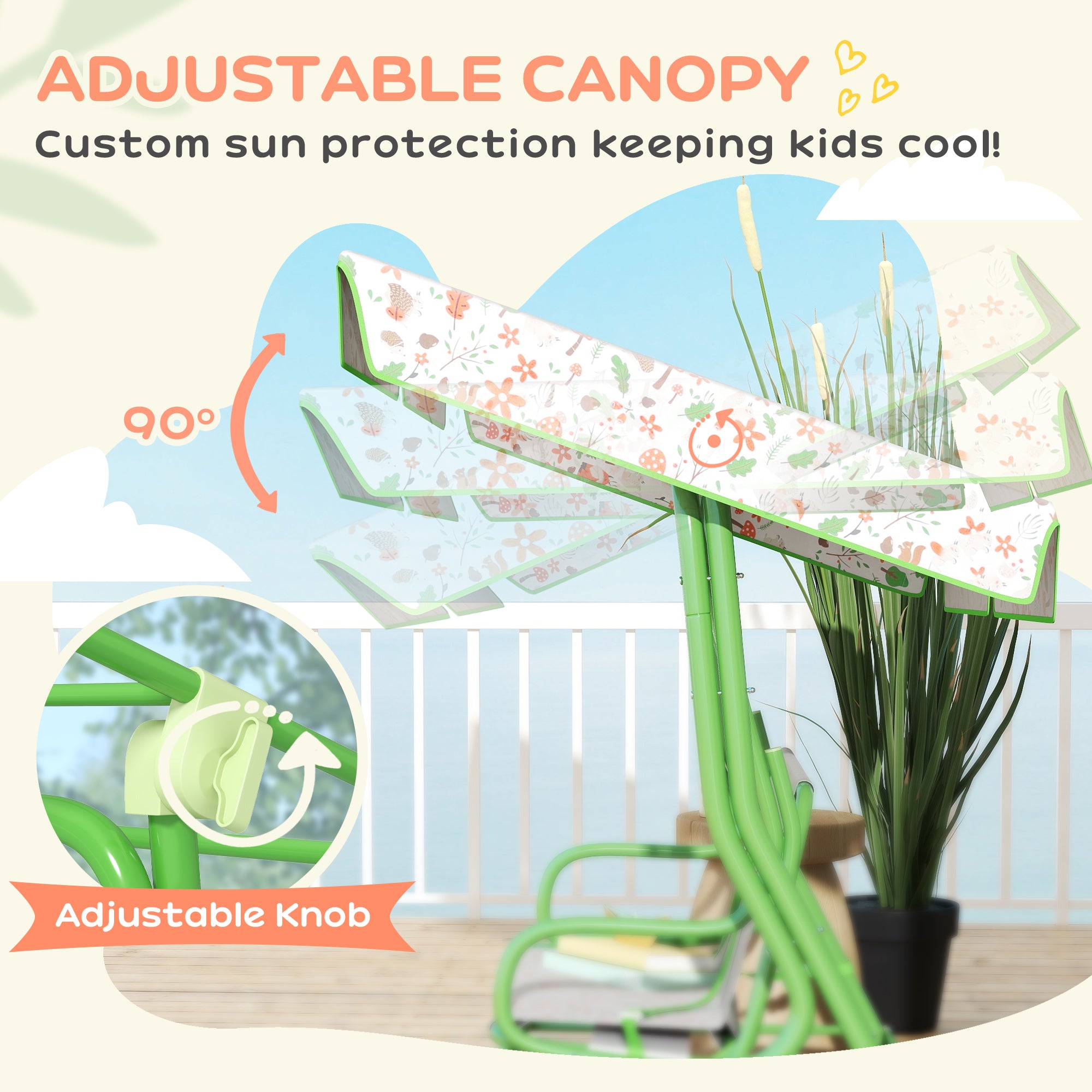 AIYAPLAY Kids Garden Swing Chair with Adjustable Canopy, Safety Belt, 2 Seater Hammock Swing Bench for Patio, Porch, Green - North Peak Garden Furniture